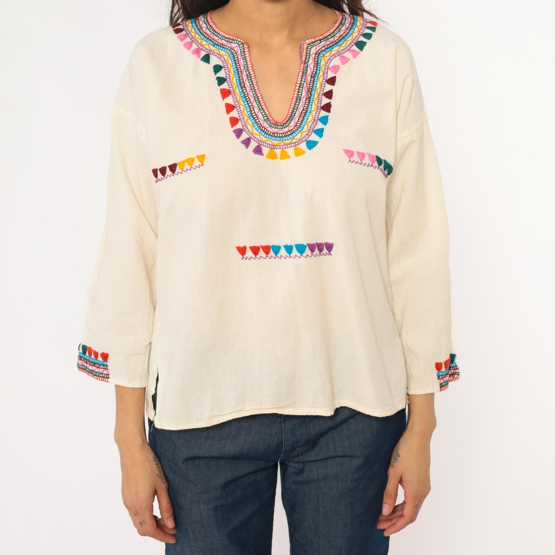 70s Embroidered Mexican Cotton Tunic Blouse Cream Multicolor Medium M