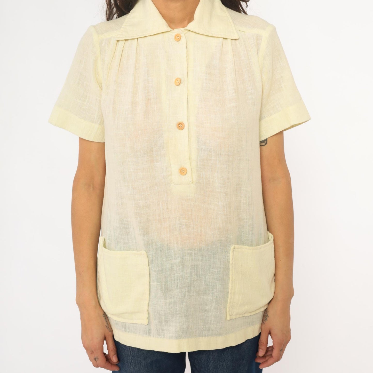 70s Pale Yellow Collared Shirt Pintuck Pleated Camp Blouse Medium M