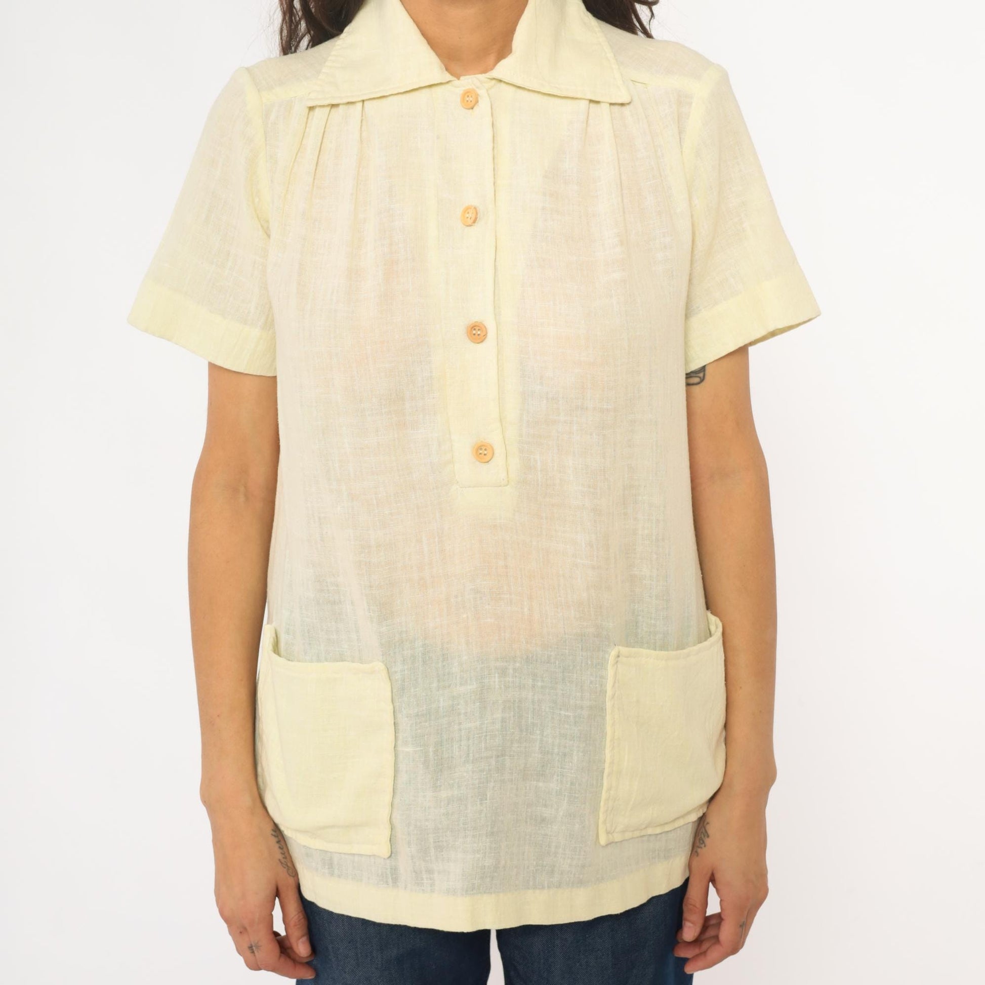 70s Pale Yellow Collared Shirt Pintuck Pleated Camp Blouse Medium M