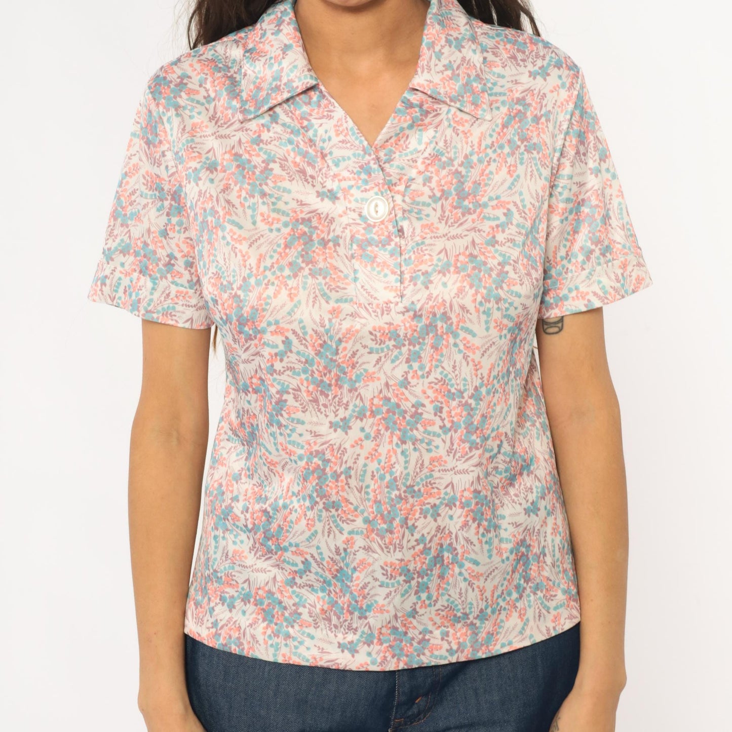 70s Floral Collared Blouse Cream Pink Turquoise Burgundy Short Sleeve Medium M