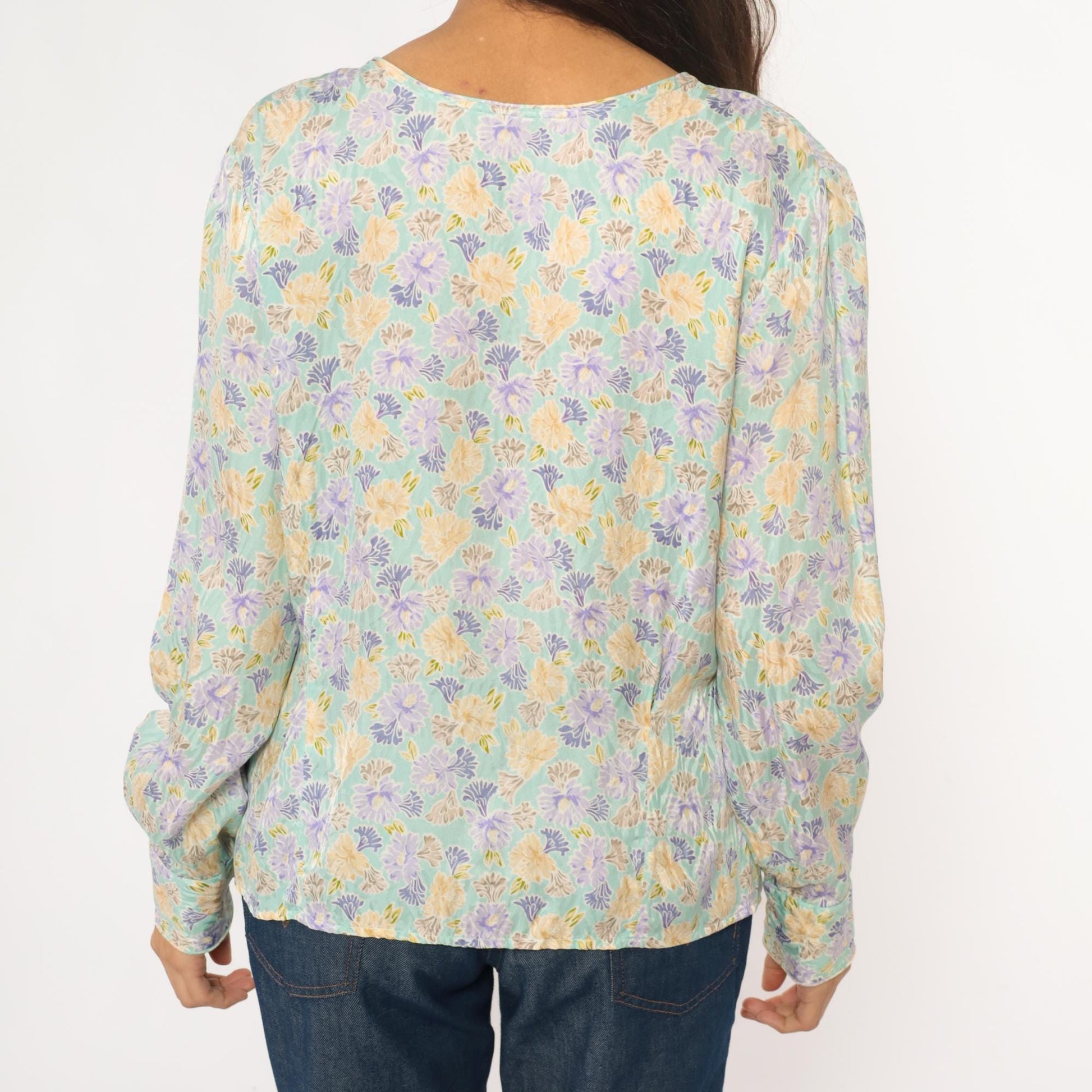 80s Evan Picone Silk Floral Blouse Mint Green Puff Sleeve Large L