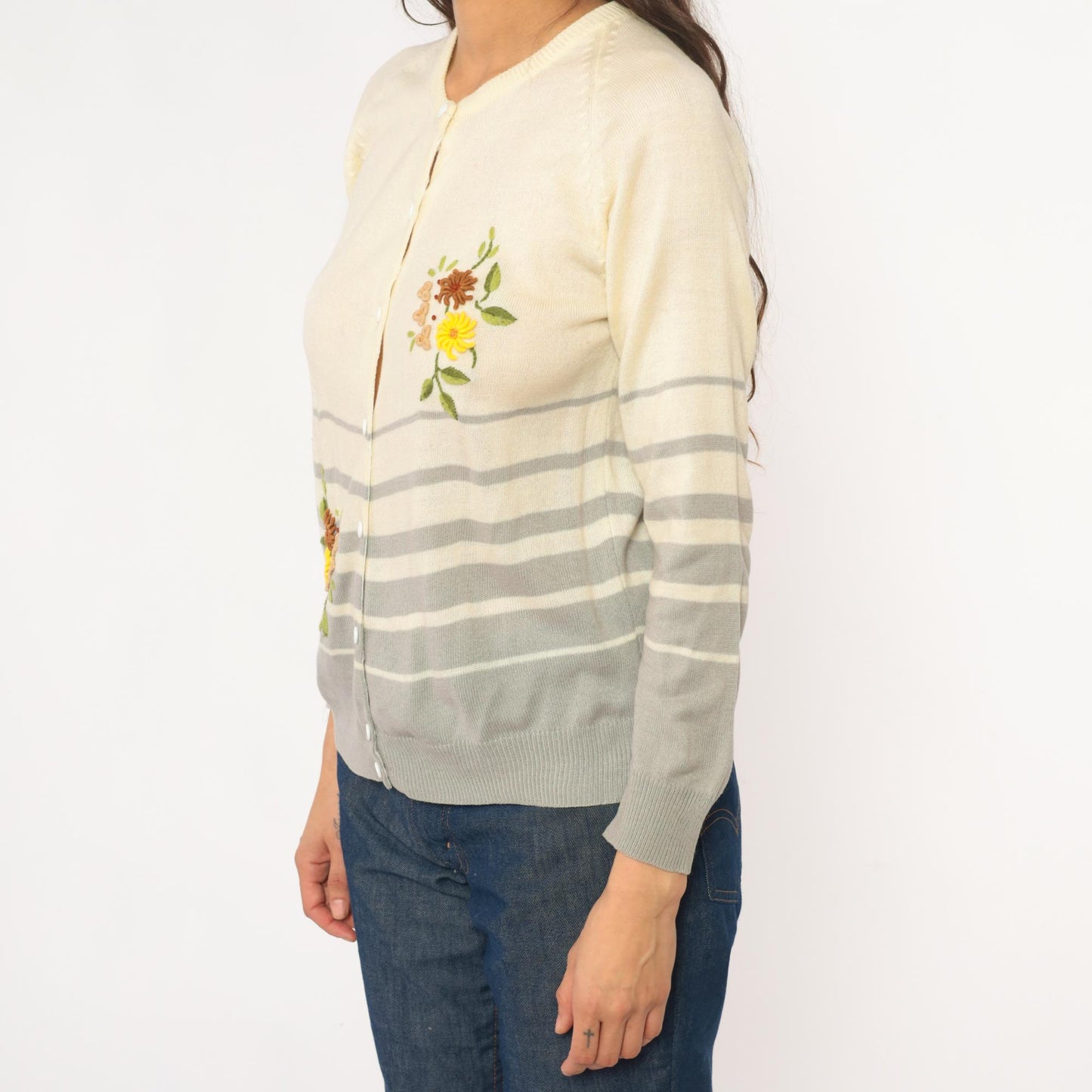 90s Jo-in Floral Embroidered Cardigan Cream Striped Knit Extra Small XS