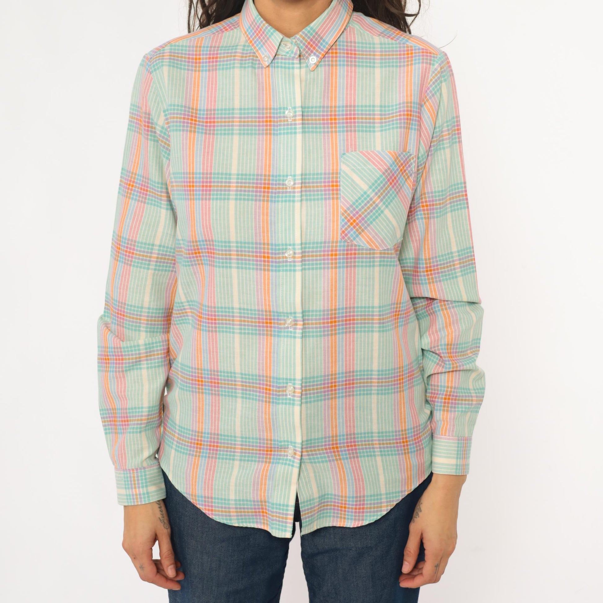90s Pastel Plaid Button-Down Shirt Long Sleeve Collared Medium M