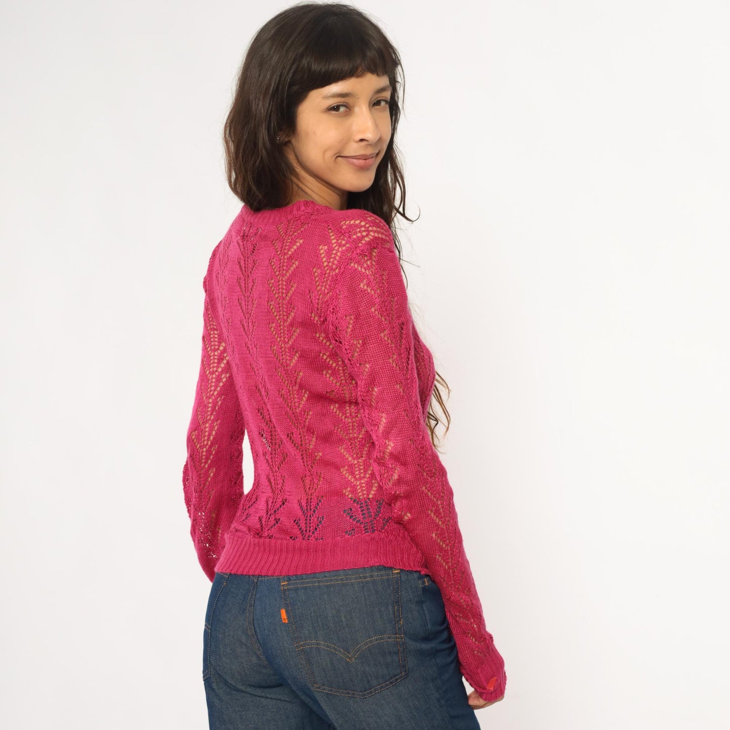 70s Alice Kim Hot Pink Pointelle Knit Sweater Chevron V-Neck Small