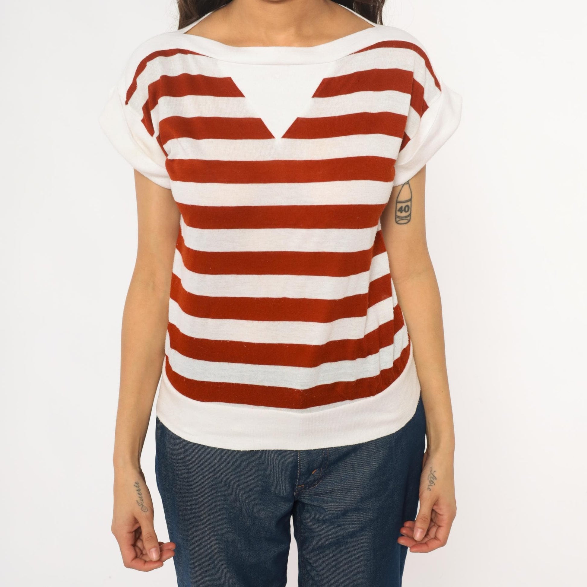 80s Rust & White Striped Boat Neck Tee Cotton Short Sleeve Small