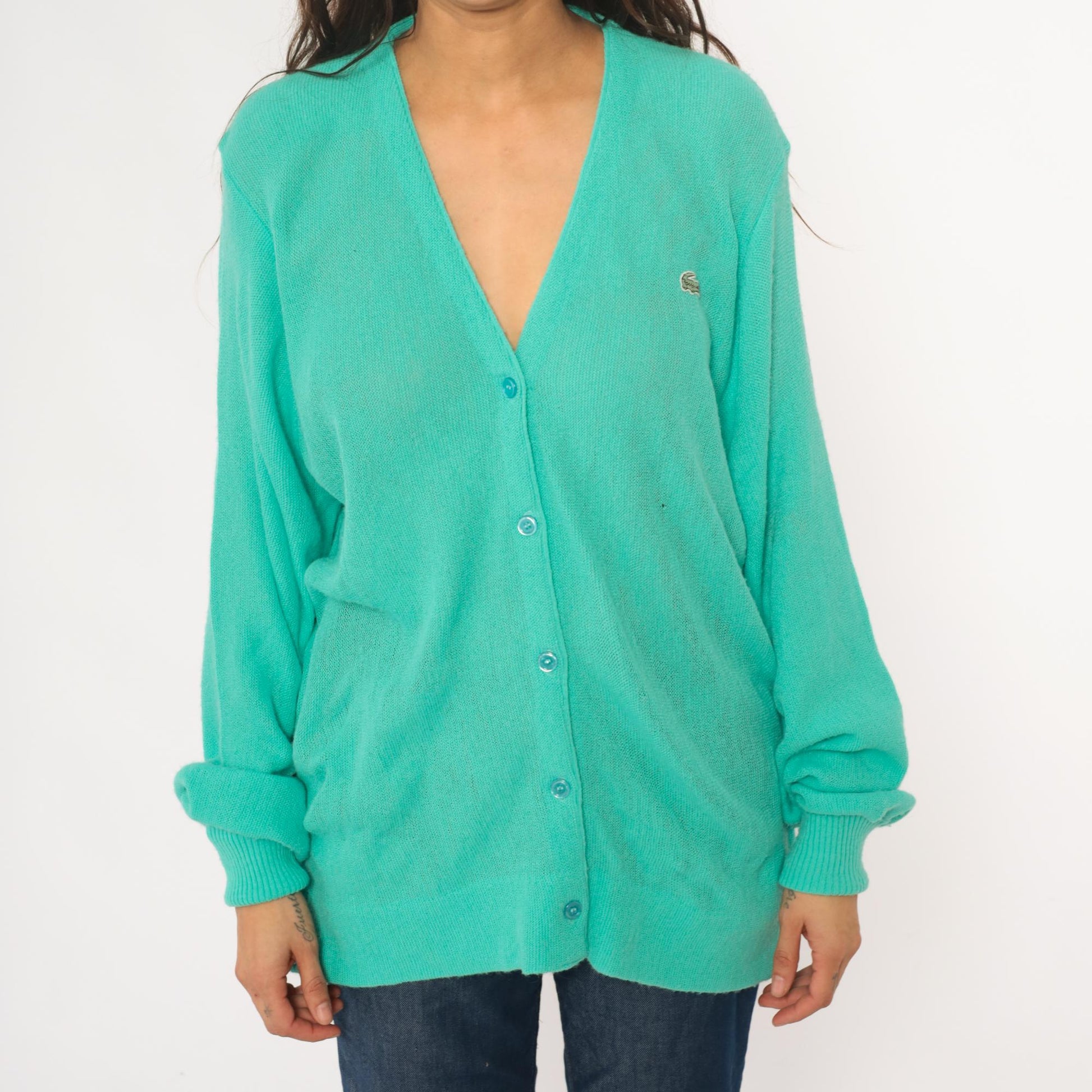 80s Lacoste Izod Turquoise Cardigan Crocodile Logo V-Neck Knit Medium