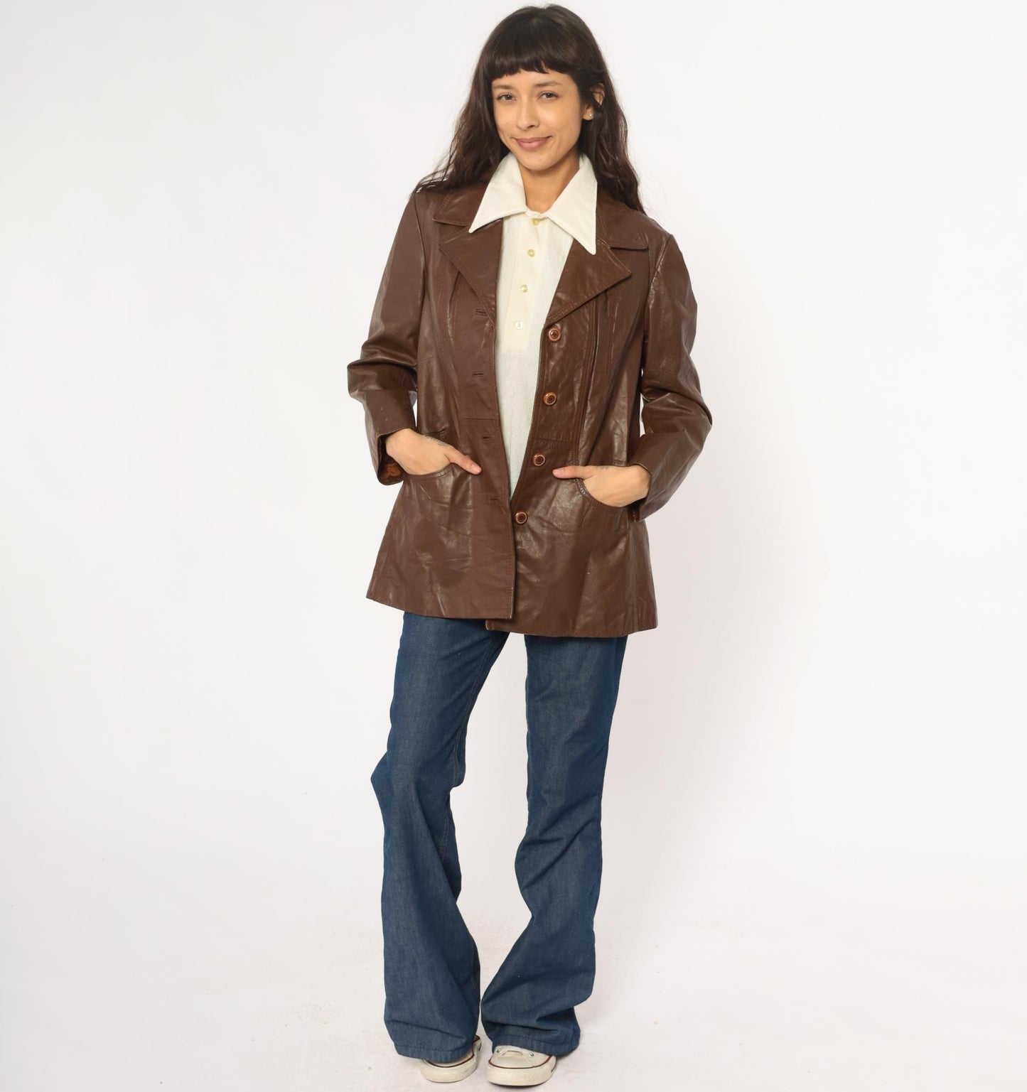 70s Brown Leather Jacket Notched Collar Braided Belt Detail Medium