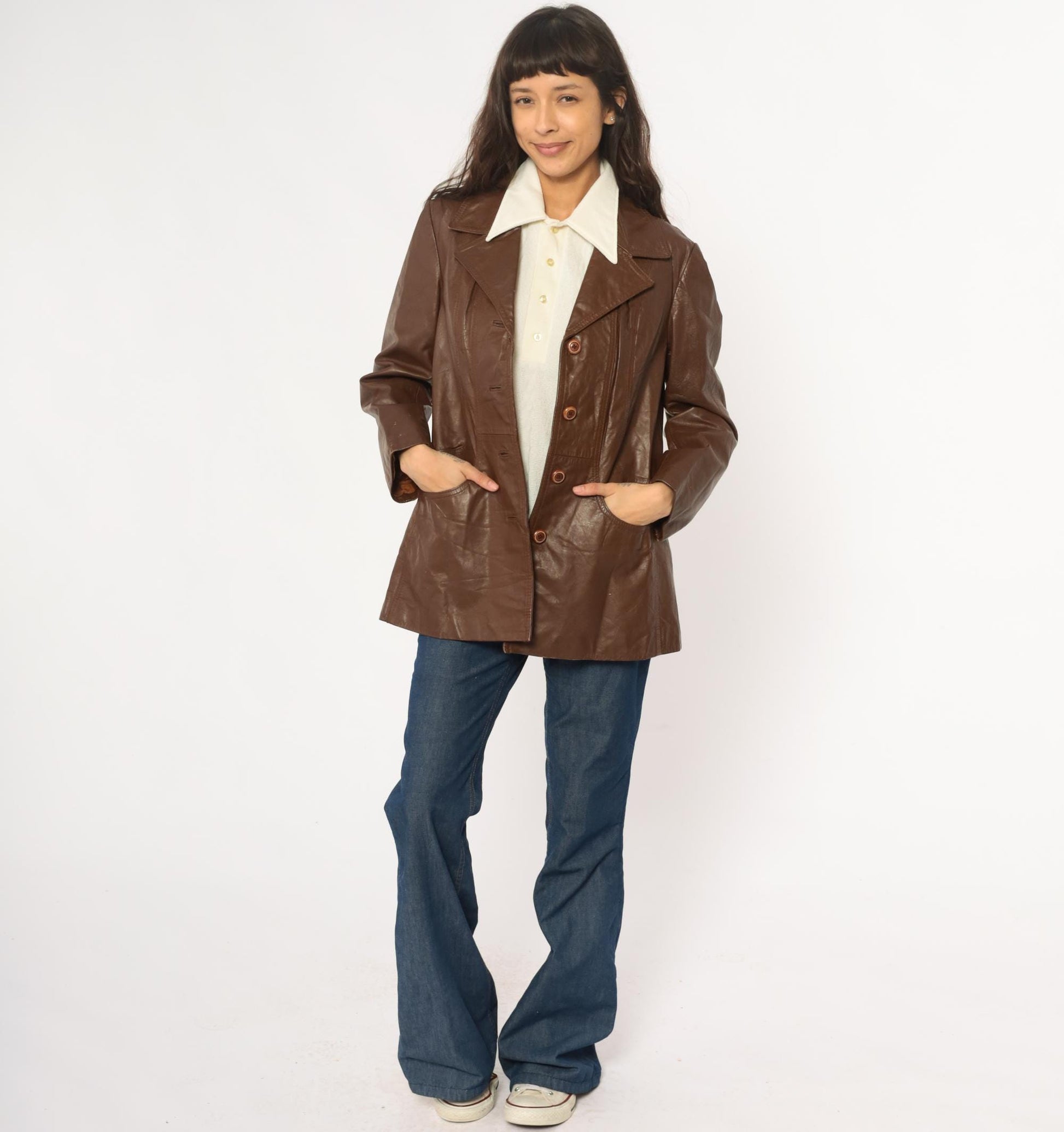 70s Brown Leather Jacket Notched Collar Braided Belt Detail Medium