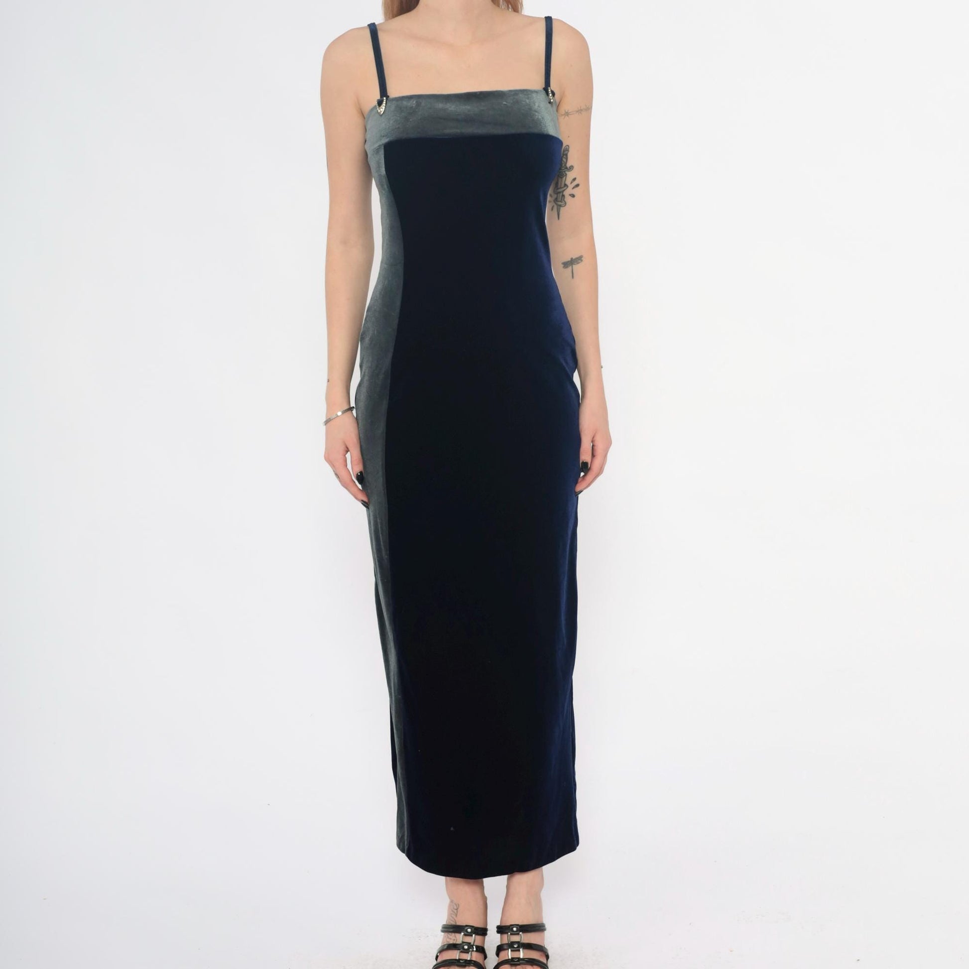 90s Navy Velvet Maxi Dress Spaghetti Strap Column Gold Hardware Medium M