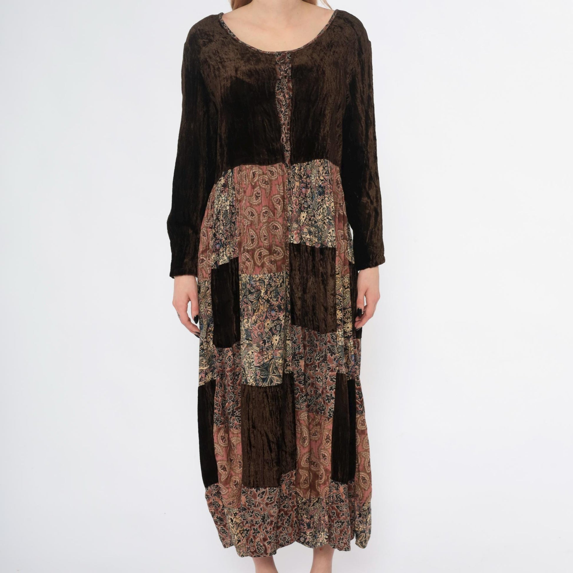 Y2K Bila Patchwork Velvet Maxi Dress Brown Paisley Rayon Small