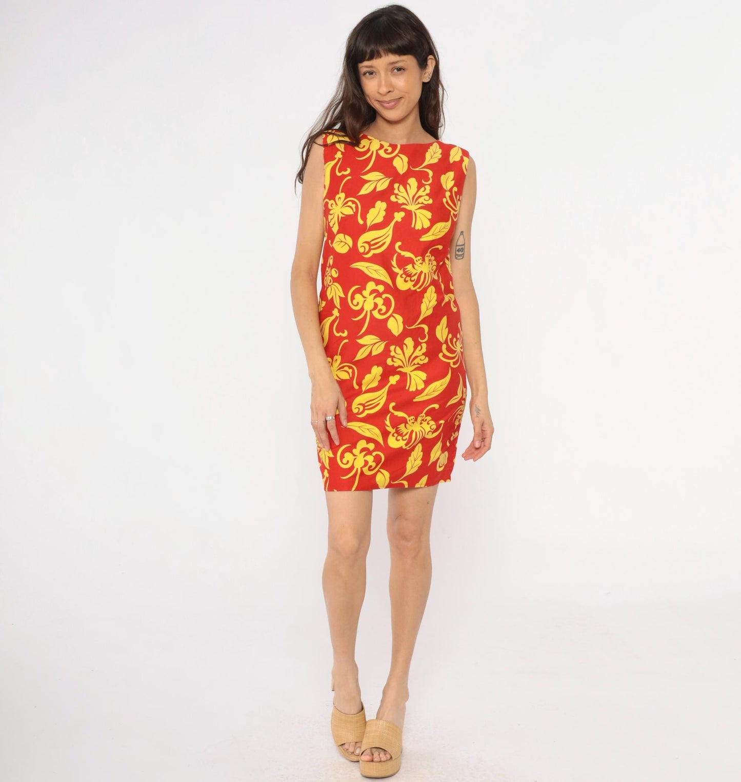 90s Red Floral Shift Dress Yellow Botanical Print Mini Small S