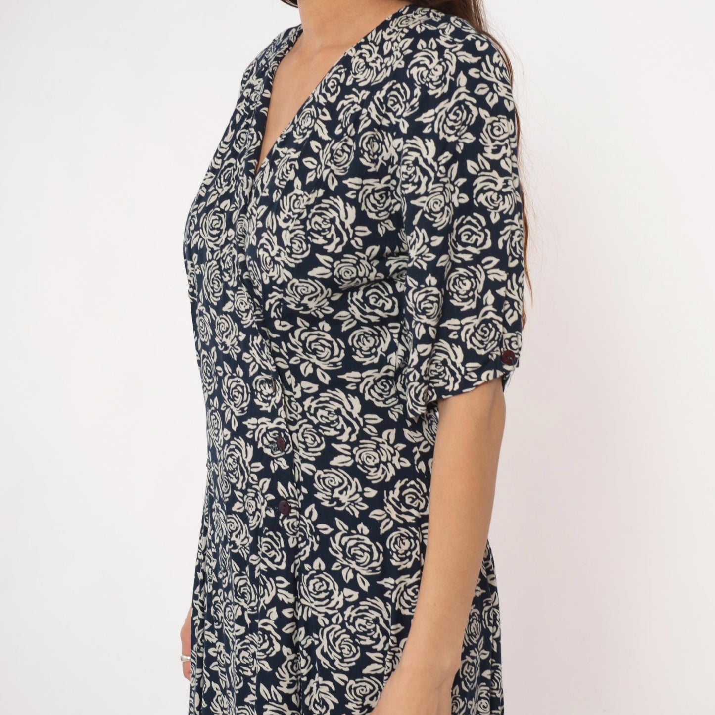 90s Floral Midi Dress Navy Cream Rose Print Wrap V-Neck Rayon Medium M