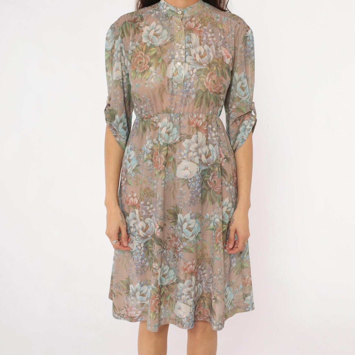 80s Floral Button-Front Dress Sheer Polyester Taupe Pink Green Small