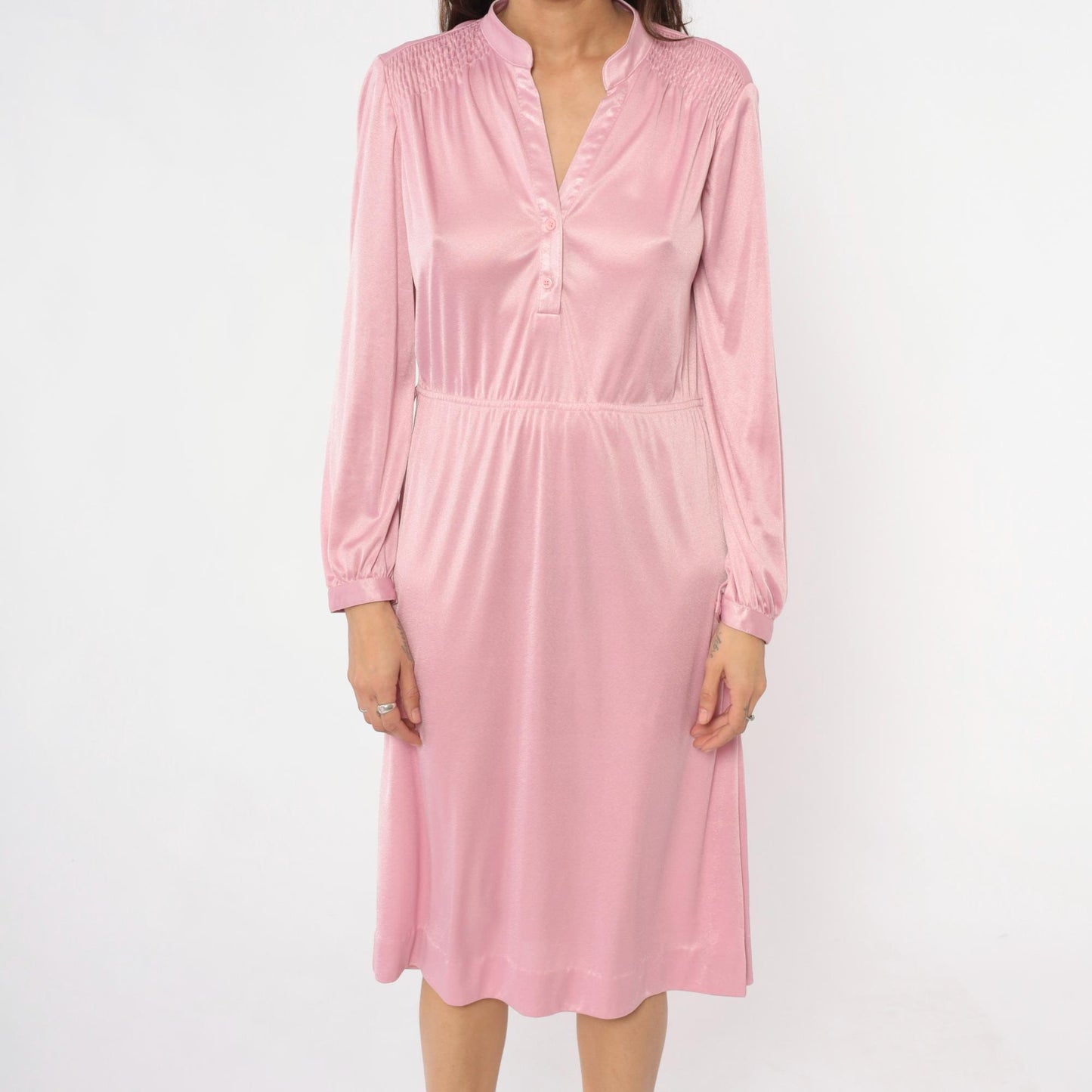 70s Leslie Fay Pink Knee-Length Dress V-Neck Smocked Shoulders Medium Large