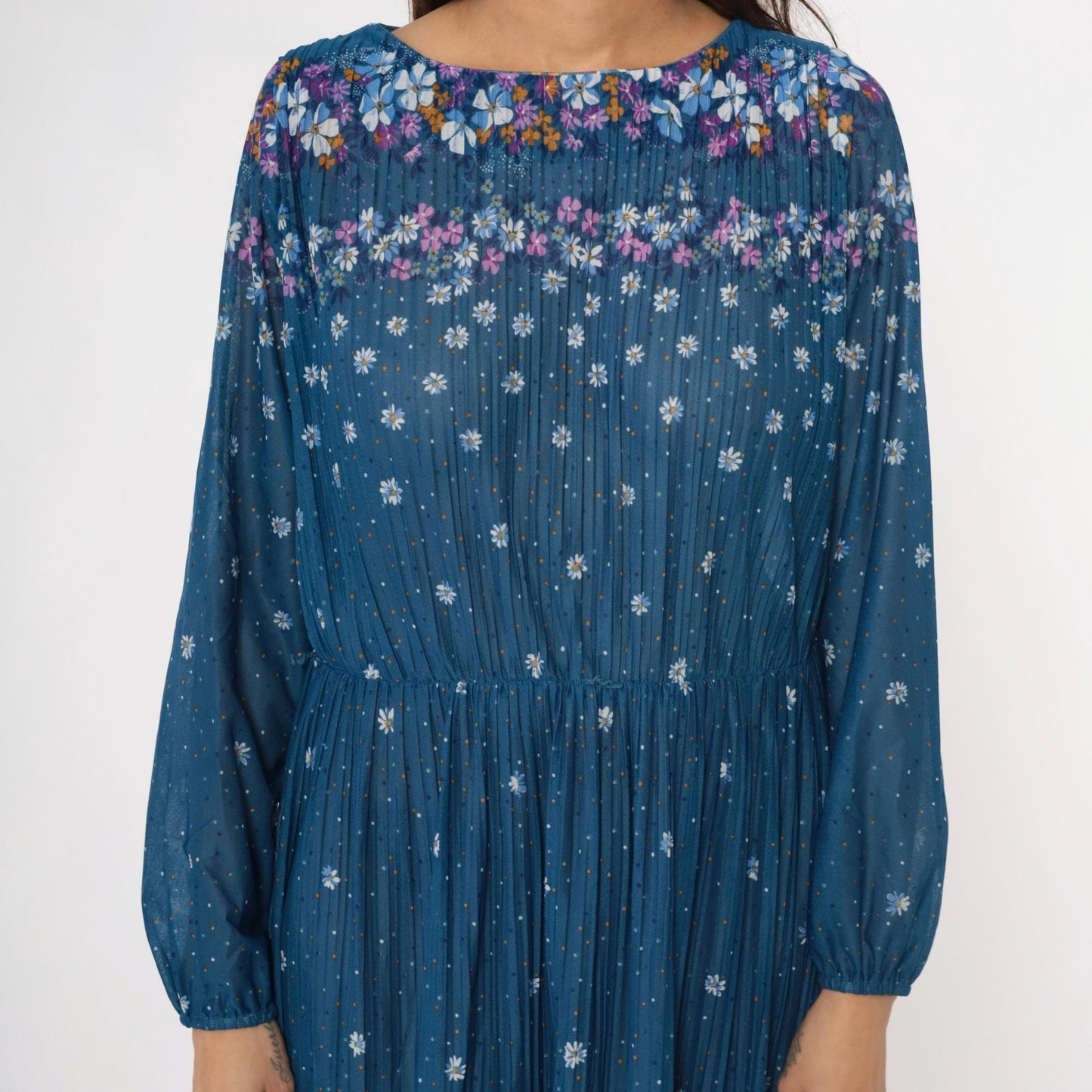 80s Malouf of Dallas Floral Midi Dress Blue Pleated Long Sleeve Medium