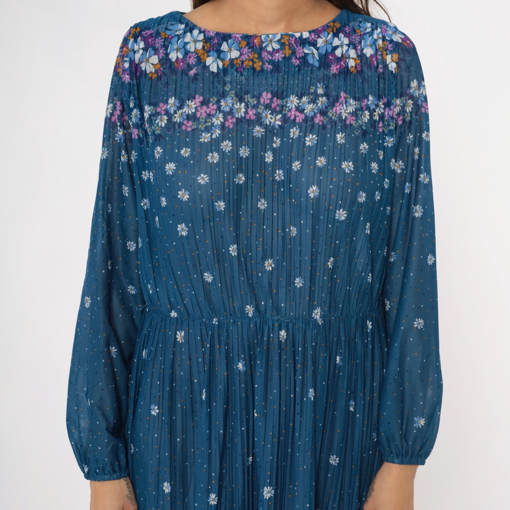 80s Malouf of Dallas Floral Midi Dress Blue Pleated Long Sleeve Medium