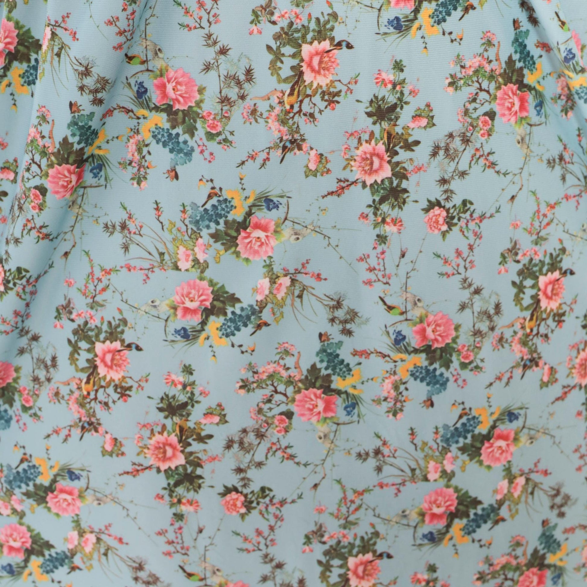 70s Light Blue Floral Maxi Halter Dress Empire Waist Pink Roses Small