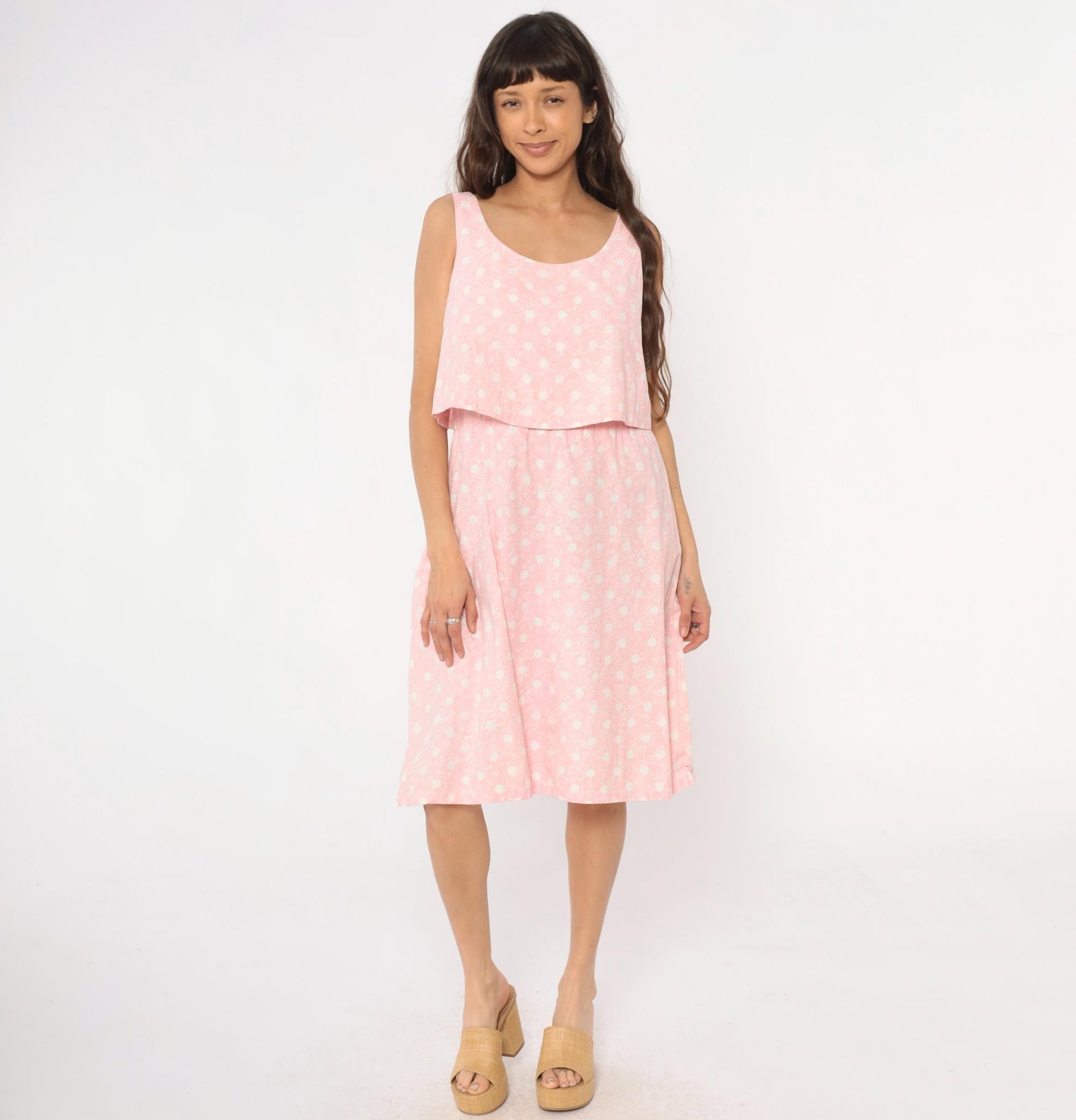 90s Pink Polka Dot Cotton Sundress Sleeveless Scoop Neck Medium M