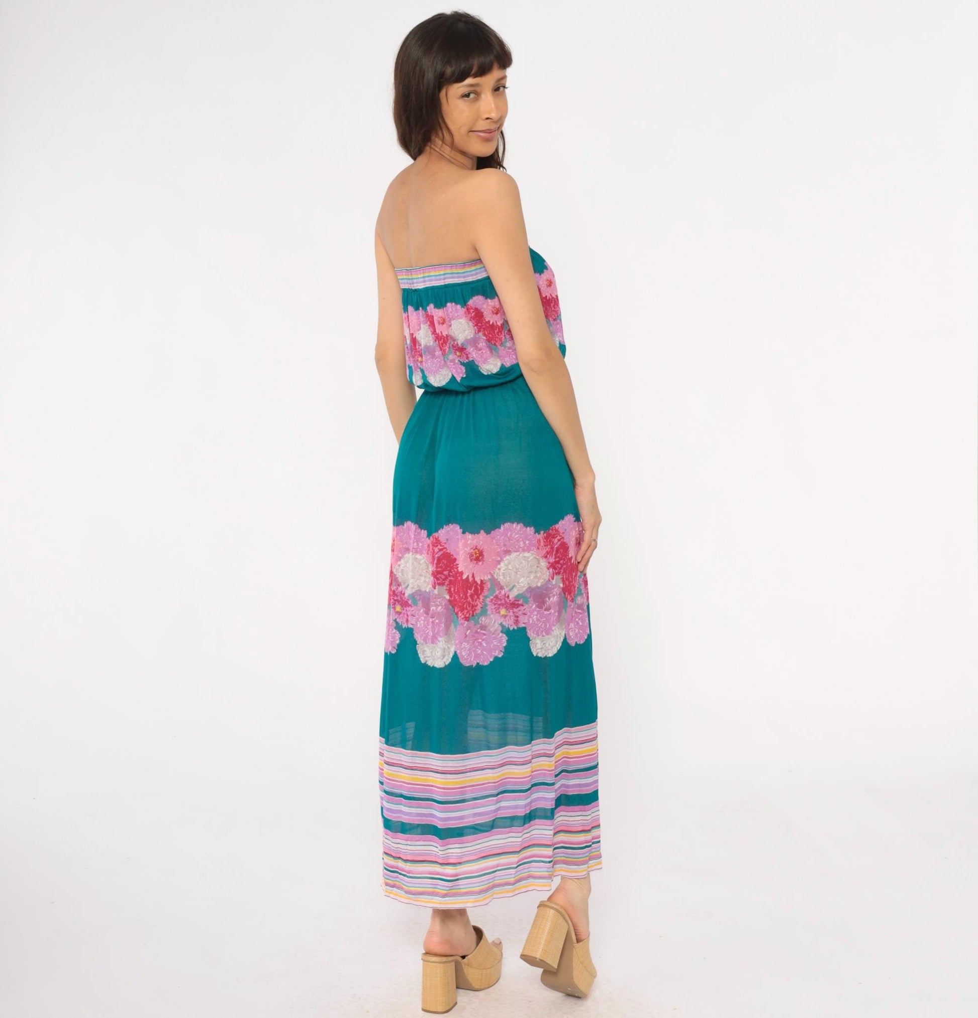 80s Teal Floral Strapless Maxi Dress Pink Purple Carnation Print Small S