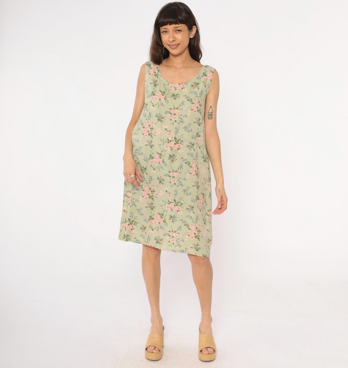 90s Lancaster Clothing Floral Shift Dress Sage Green Pink Roses Extra Large