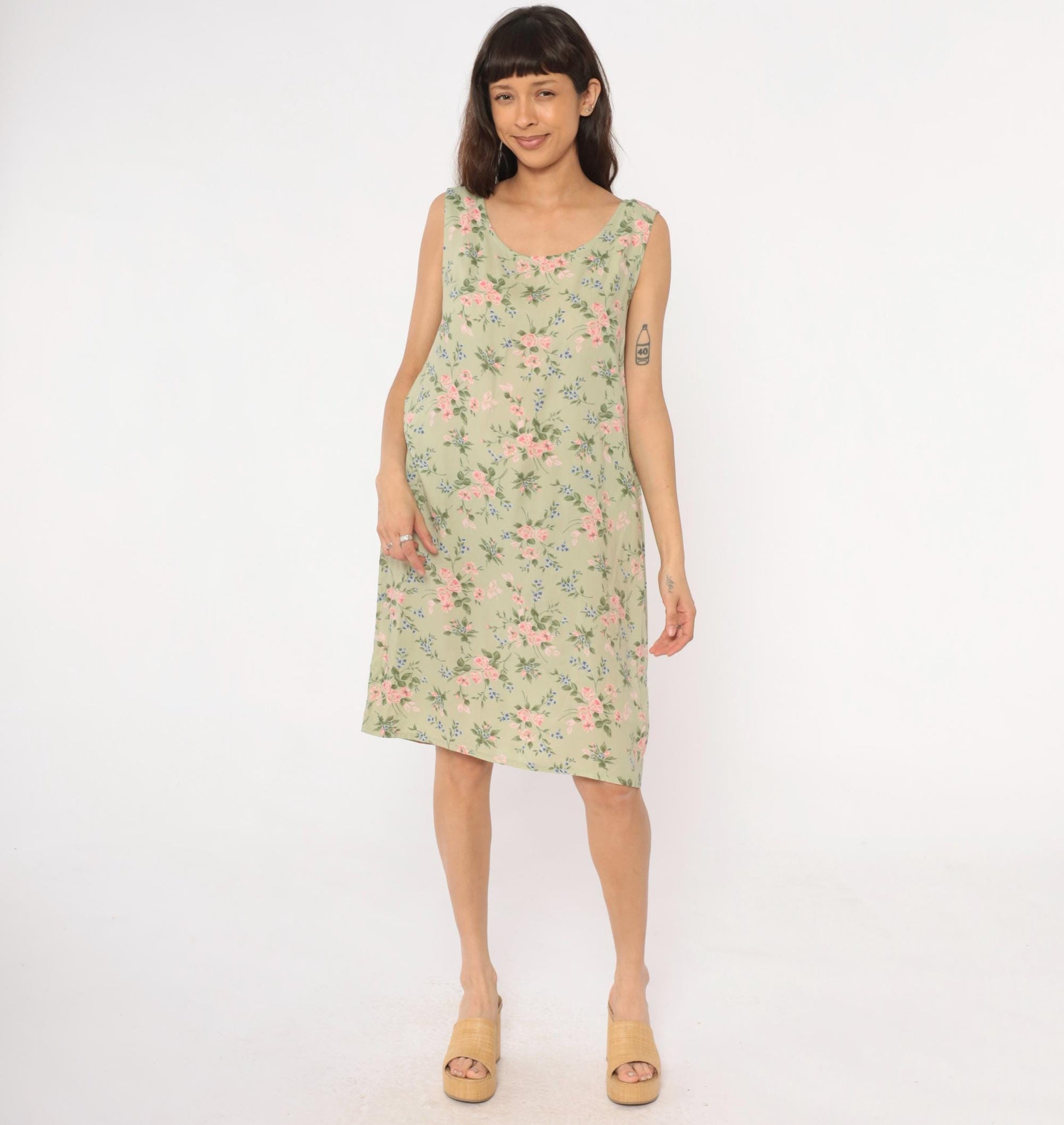 90s Lancaster Clothing Floral Shift Dress Sage Green Pink Roses Extra Large