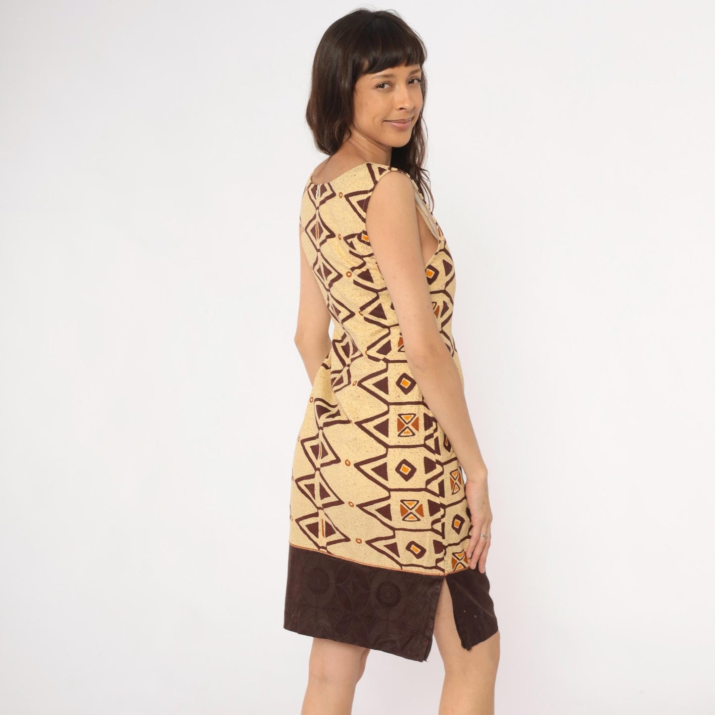 Y2K Southwestern Geometric Shift Dress Cream Brown Orange Tribal Print Extra Small XS