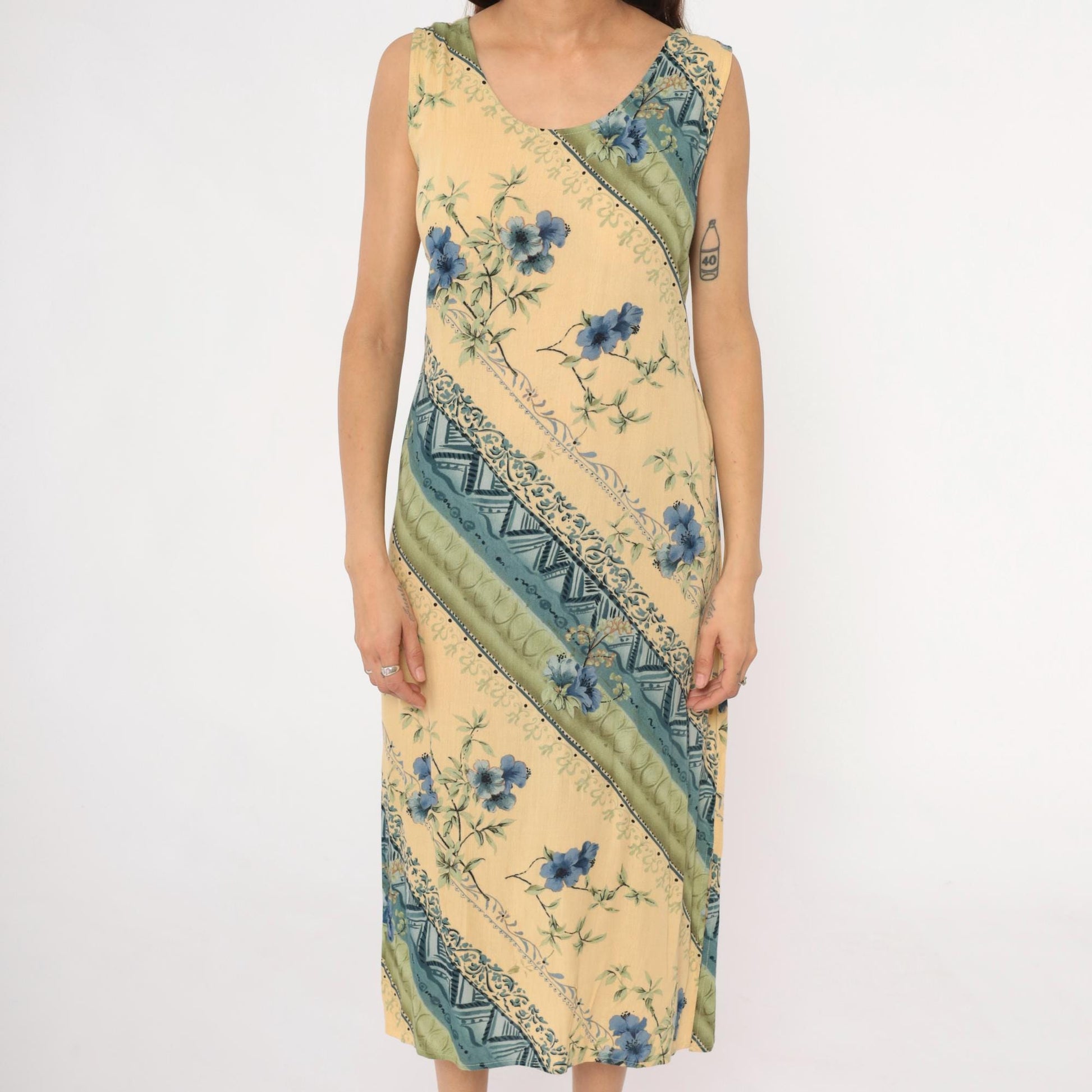90s R&K Originals Yellow Floral Midi Dress Diagonal Stripe Tie Waist Medium M