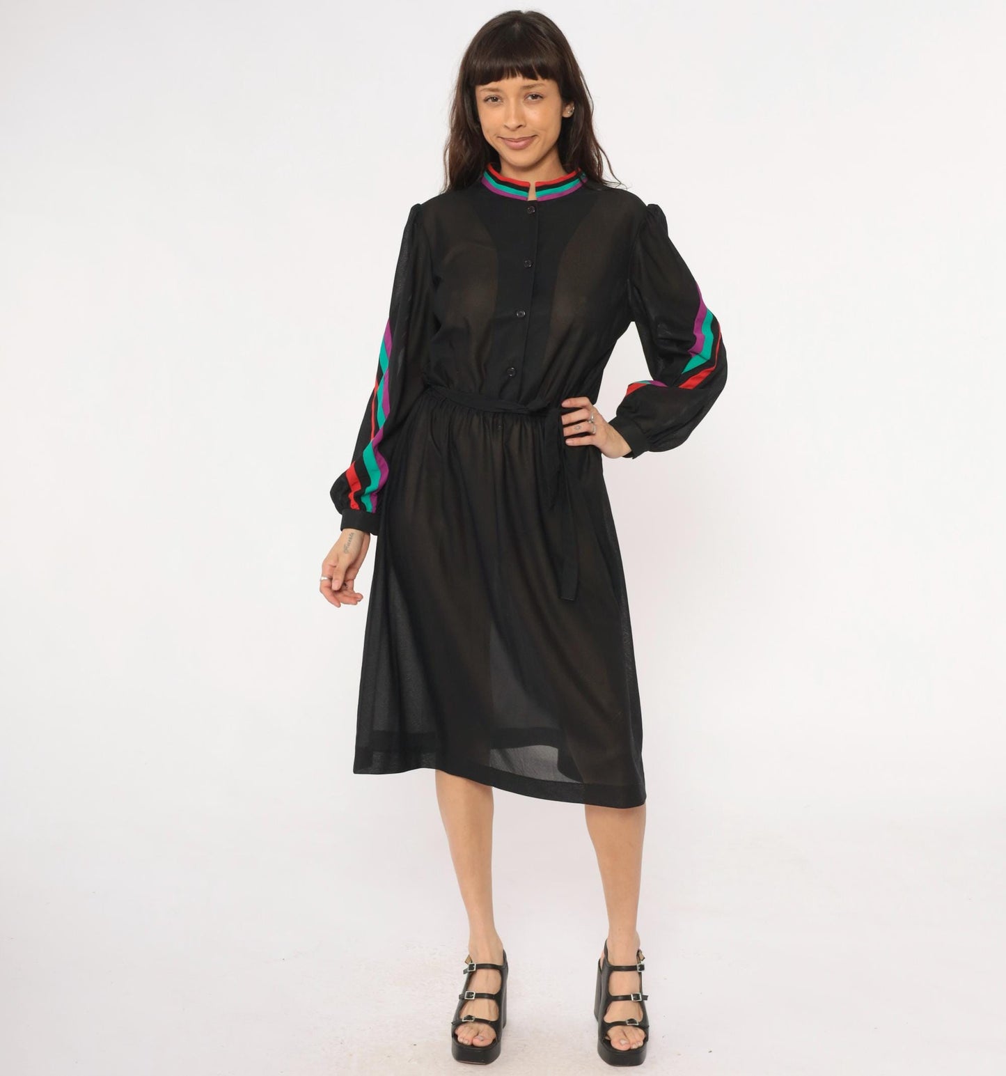 80s Blair Black Dress Striped Trim Stand Collar Long Sleeve Knee Length Medium