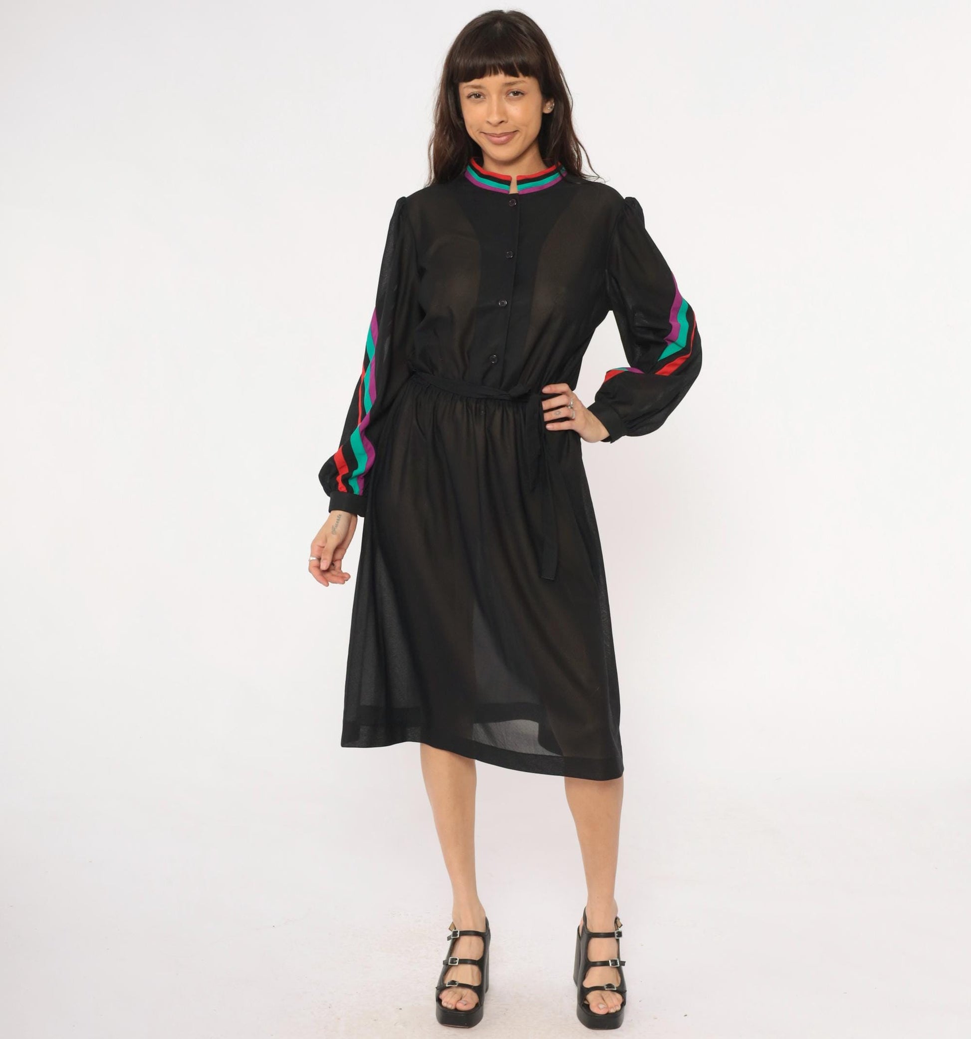 80s Blair Black Dress Striped Trim Stand Collar Long Sleeve Knee Length Medium