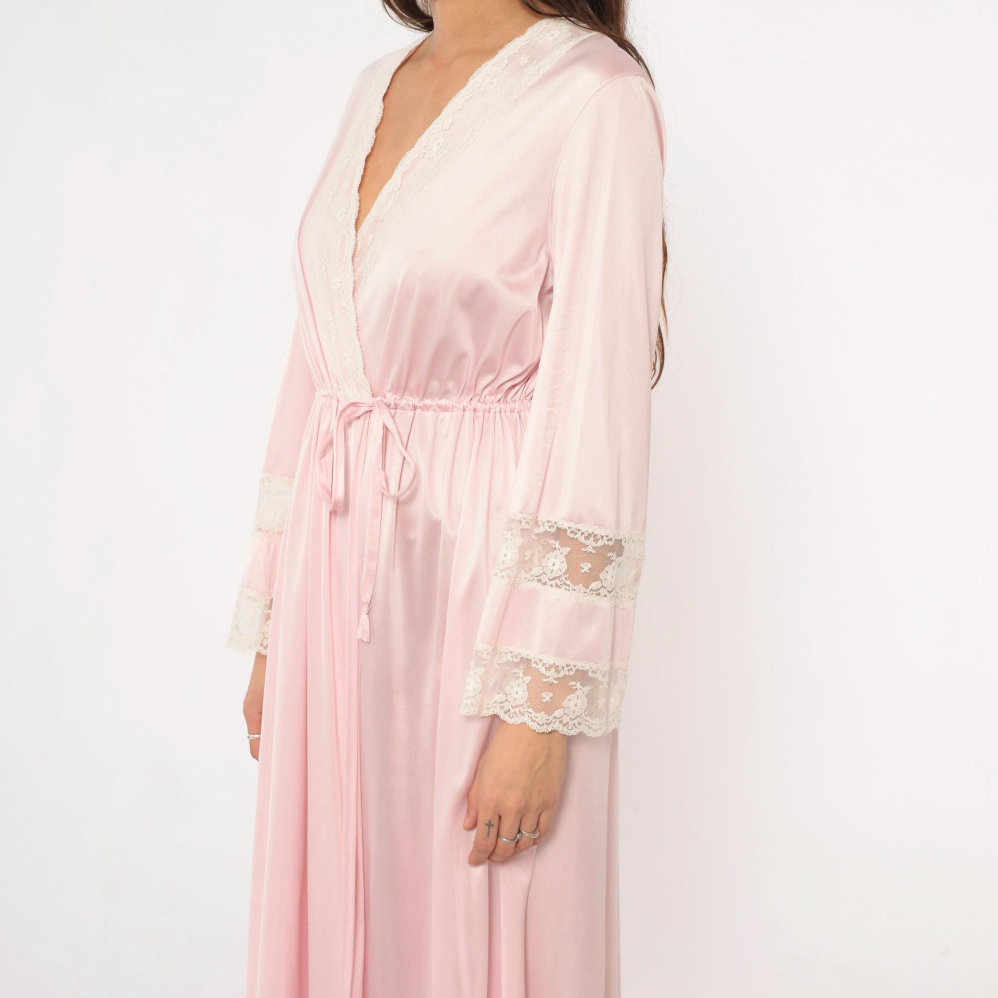 90s Pink Lace Wrap Robe Maxi Long Sleeve Tie Waist Nightgown Medium