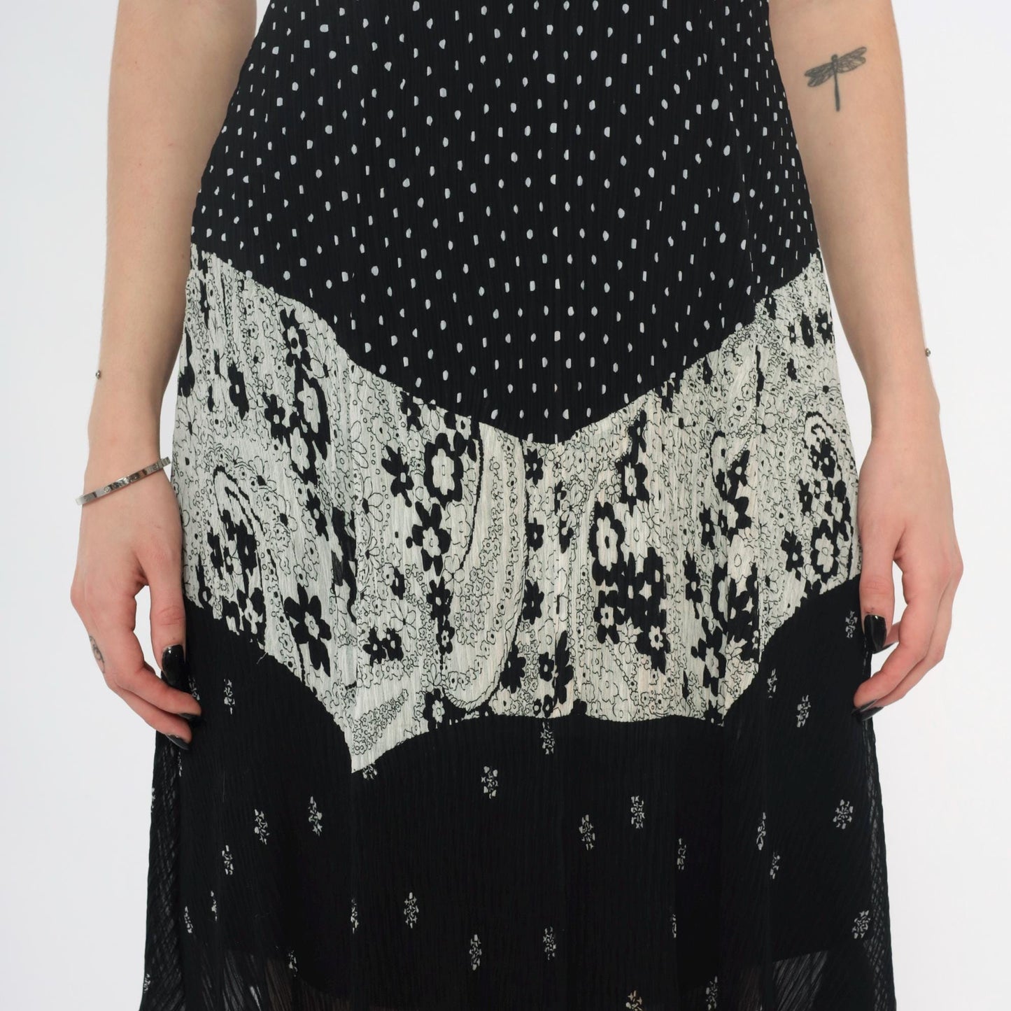 Y2K Alberto Makali Black Mini Dress Mixed Print Cold Shoulder Small S