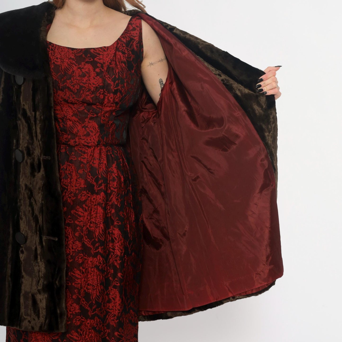 70s Brown Crushed Velvet Coat Black Faux Fur Collar Button Front Extra Large XXL