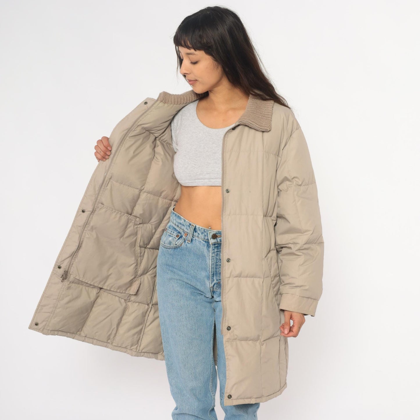 80s Beige Quilted Puffer Coat Down Filled Long Jacket Knit Collar Large L