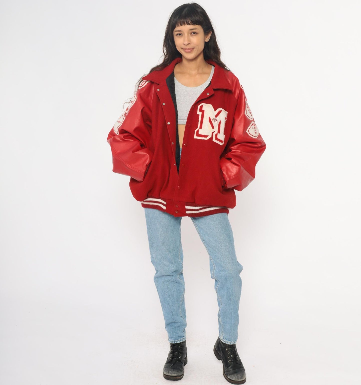 Y2K Neff Red Wool Varsity Jacket Leather Sleeves Football Patches XXL