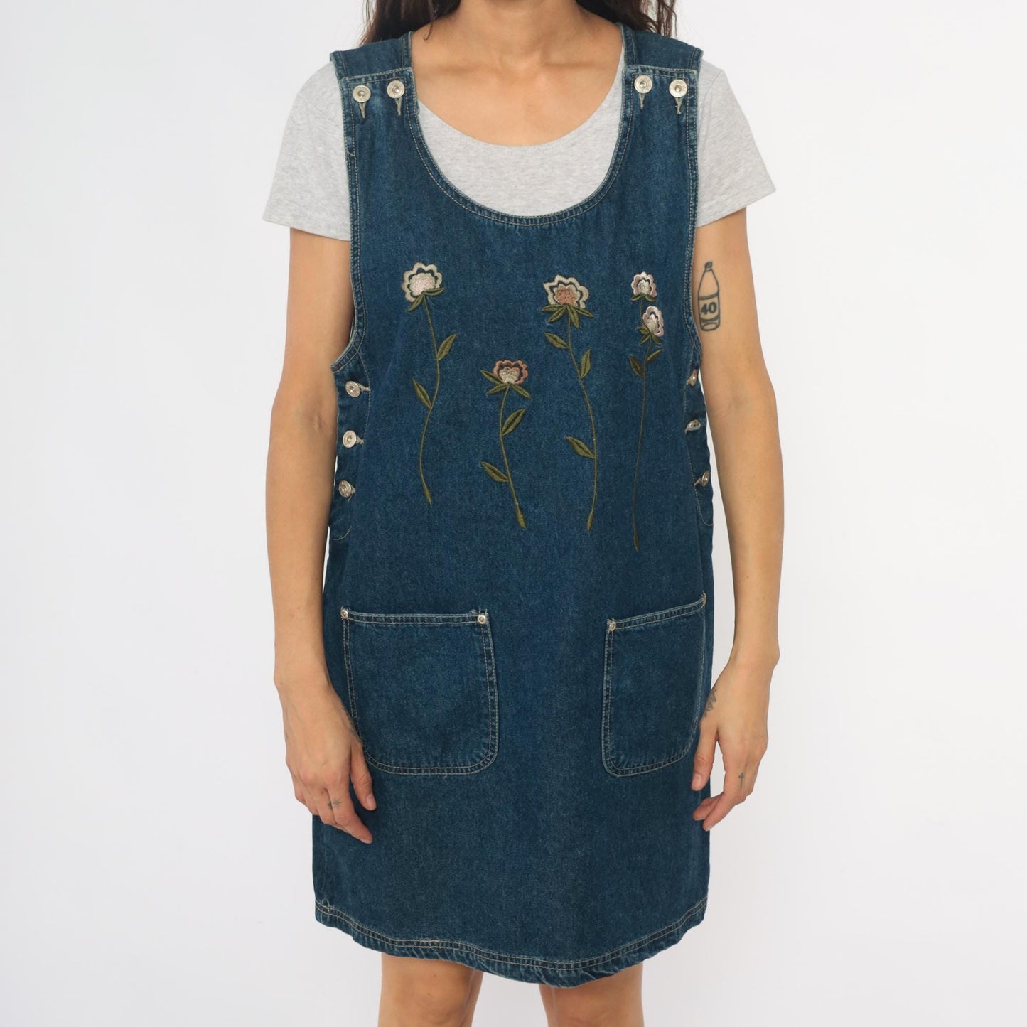 90s Floral Embroidered Denim Jumper Dress Blue Jean Pinafore Medium M
