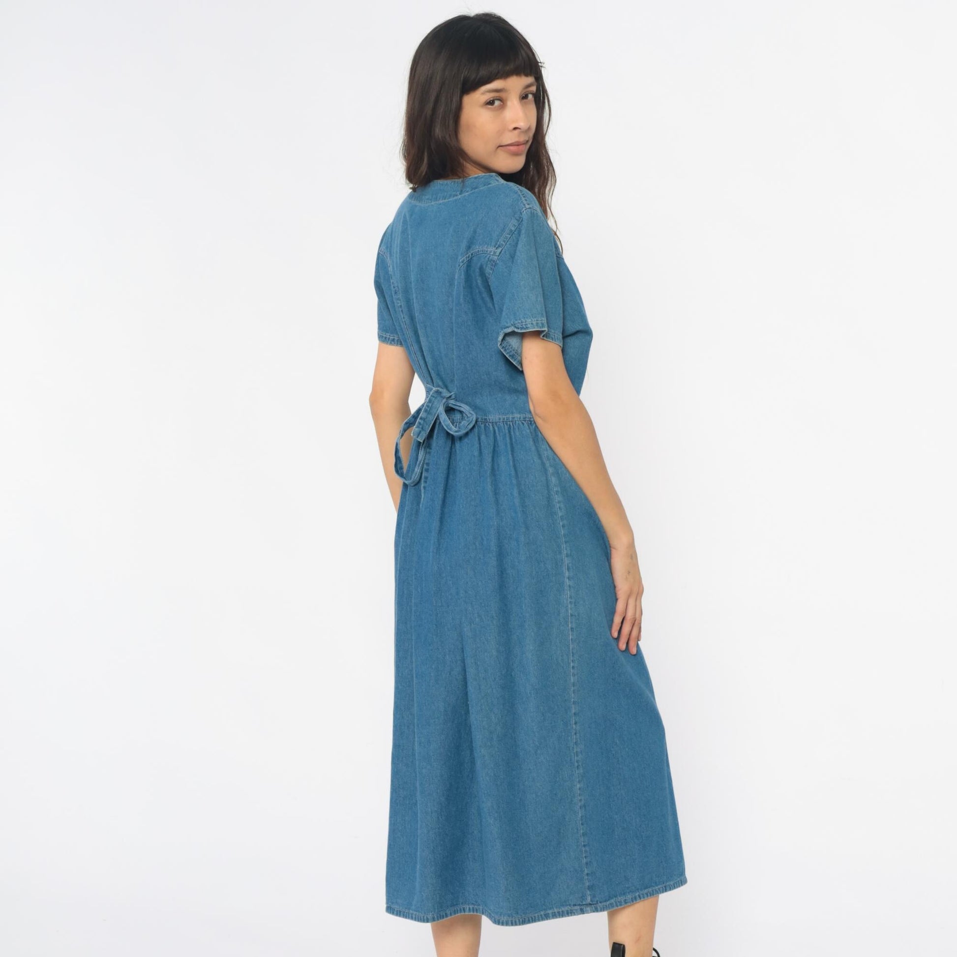 90s G.S. Denims Midi Dress Blue Embroidered Collar Gathered Waist Large L