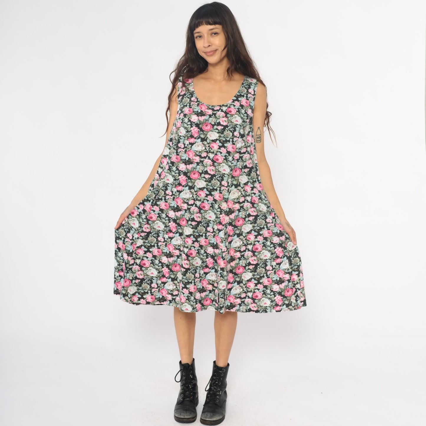 90s Lady Dorby Floral Dress Black Pink Rose Print Sleeveless Cutout Large