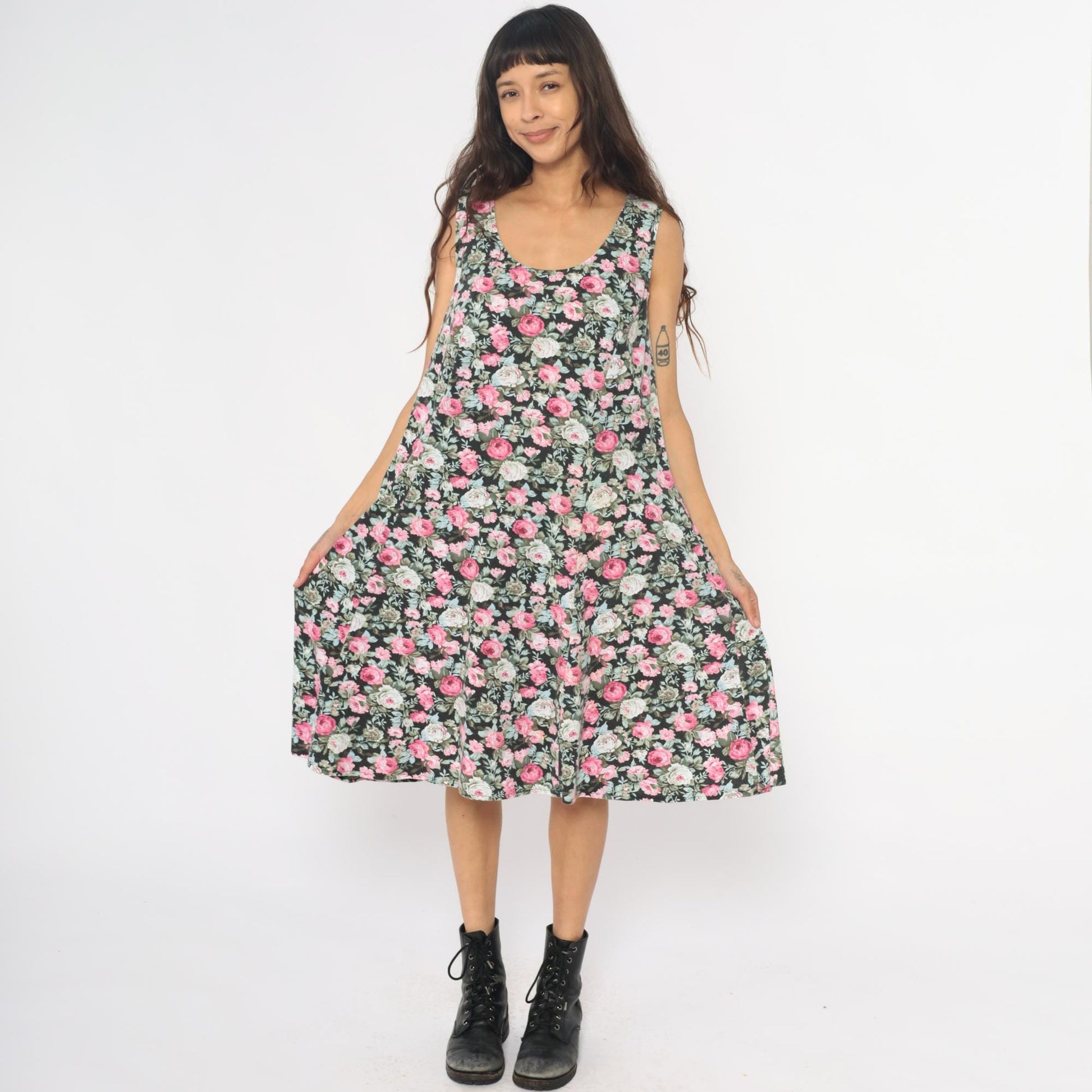 90s Lady Dorby Floral Dress Black Pink Rose Print Sleeveless Cutout Large