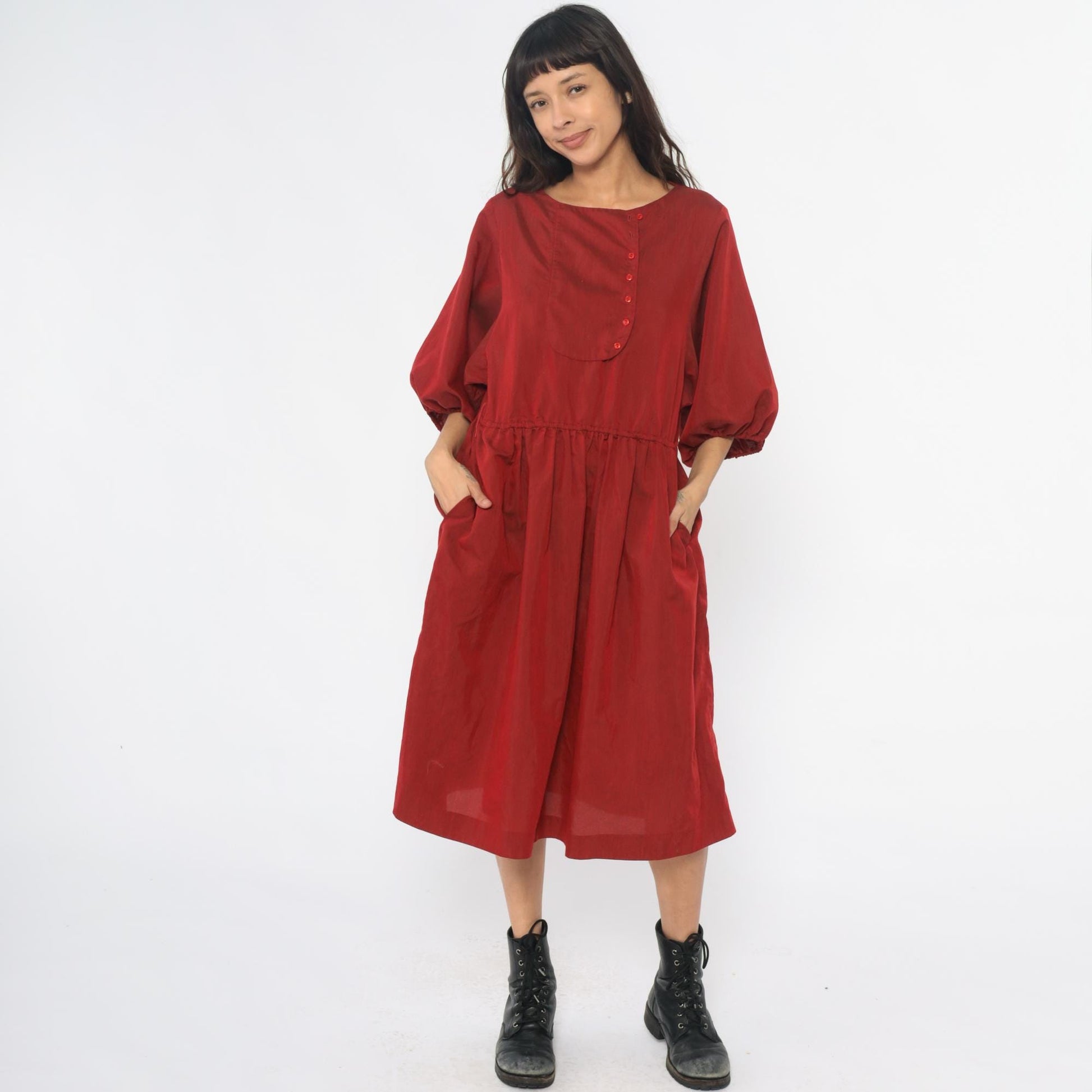 80s Burgundy Puff Sleeve Dress A-Line Gathered Waist Button Front Medium M