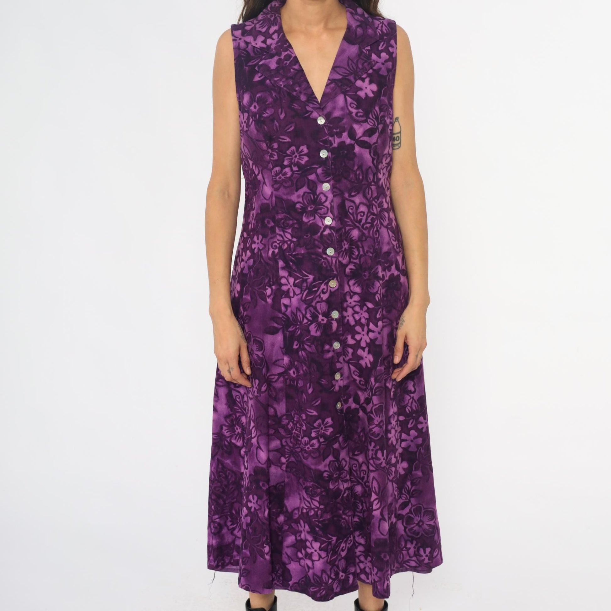 Y2K Coldwater Creek Purple Floral Linen Maxi Dress Button Front Large L