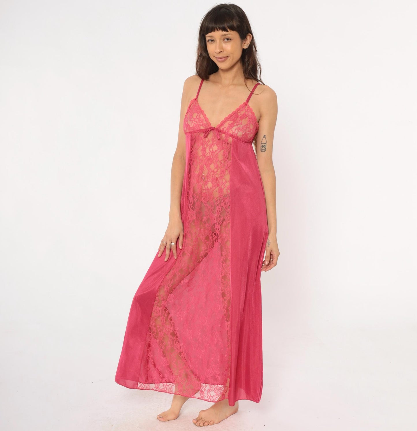 80s Rose Pink Lace Maxi Nightgown V-Neck Spaghetti Strap Medium