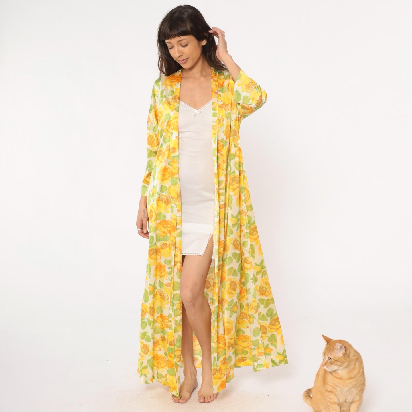80s Vanity Fair Yellow Rose Floral Robe Maxi Duster Shawl Collar Medium