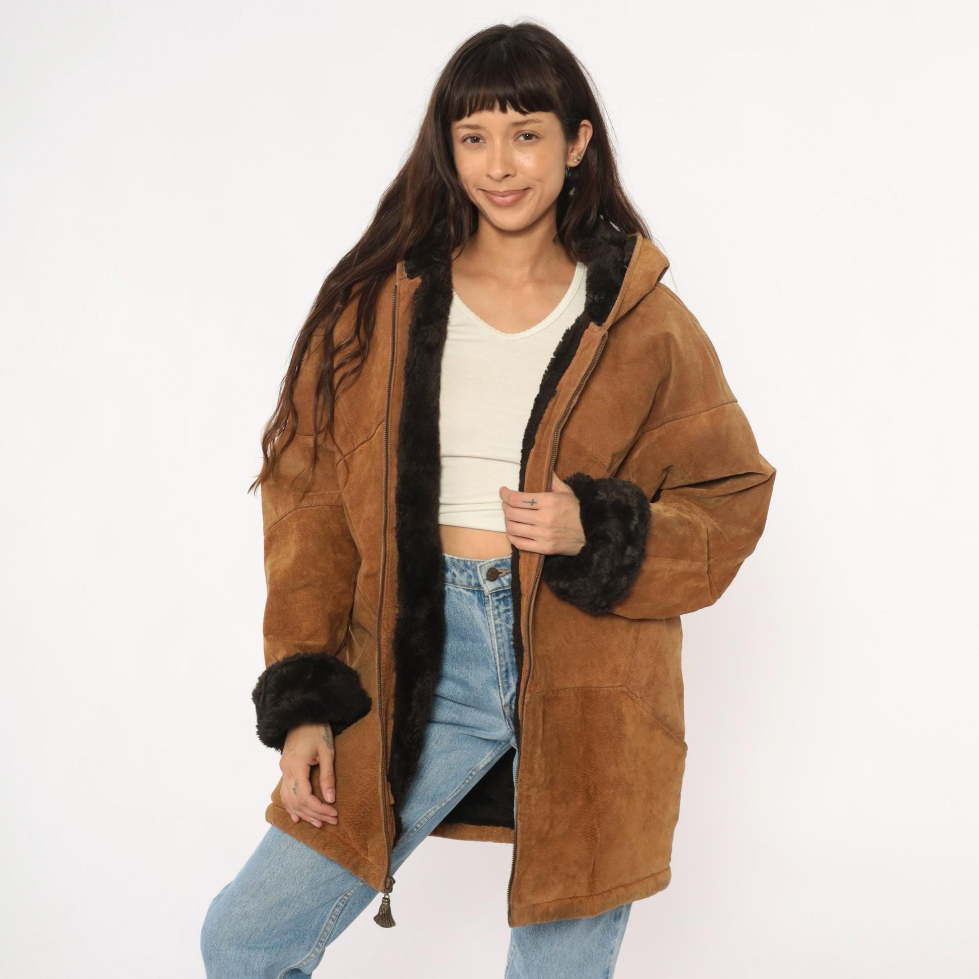 90s Tan Leather Hooded Jacket Faux Fur Lining Black Trim Large L
