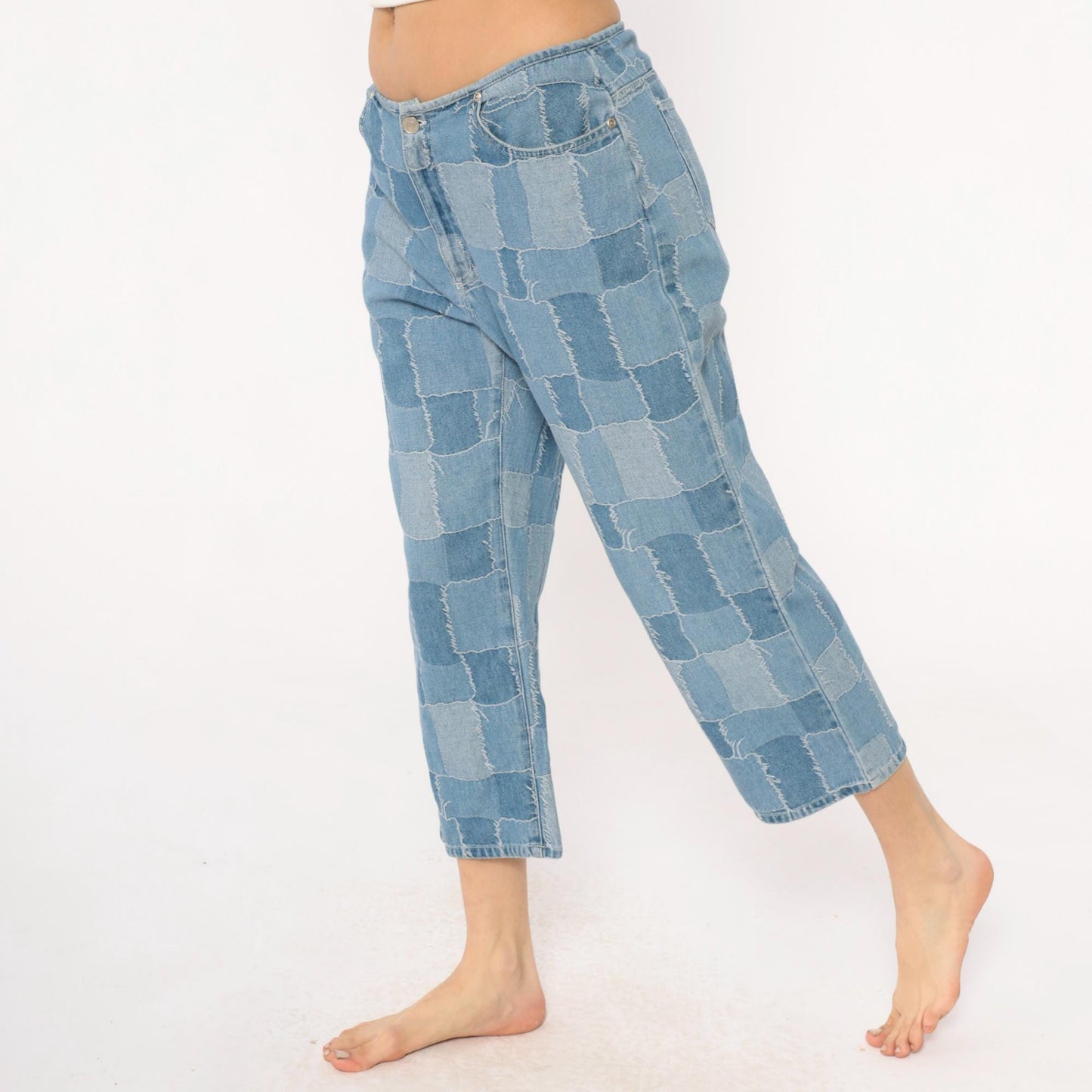 Y2K Carolina Blues Patchwork Denim Jeans Cropped Light Blue Medium M