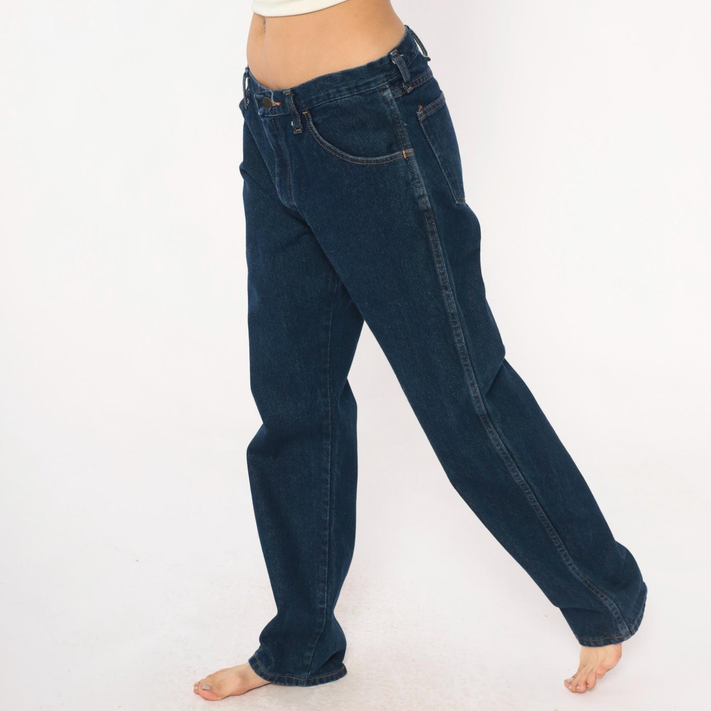 90s Rustler Dark Denim High Rise Straight Leg Jeans Navy Blue 34W
