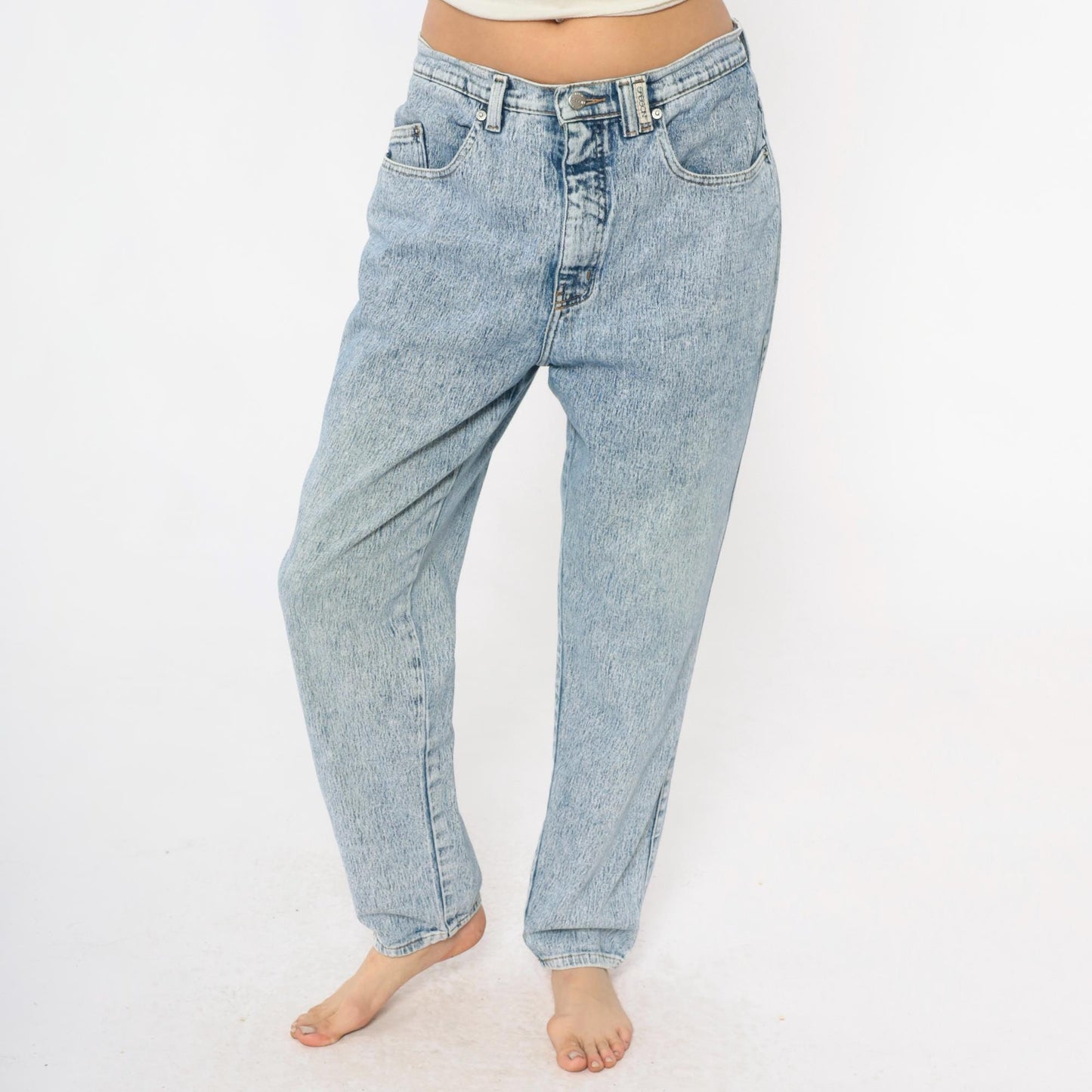 90s Sasson Acid Wash High-Waisted Straight Leg Jeans Light Blue Large