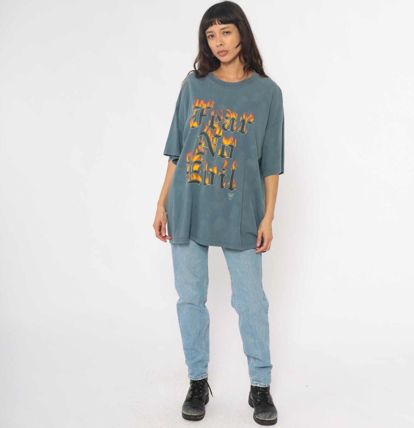 Y2K Fear No Evil Graphic Tee Teal Flame Skulls Plus Size XXL
