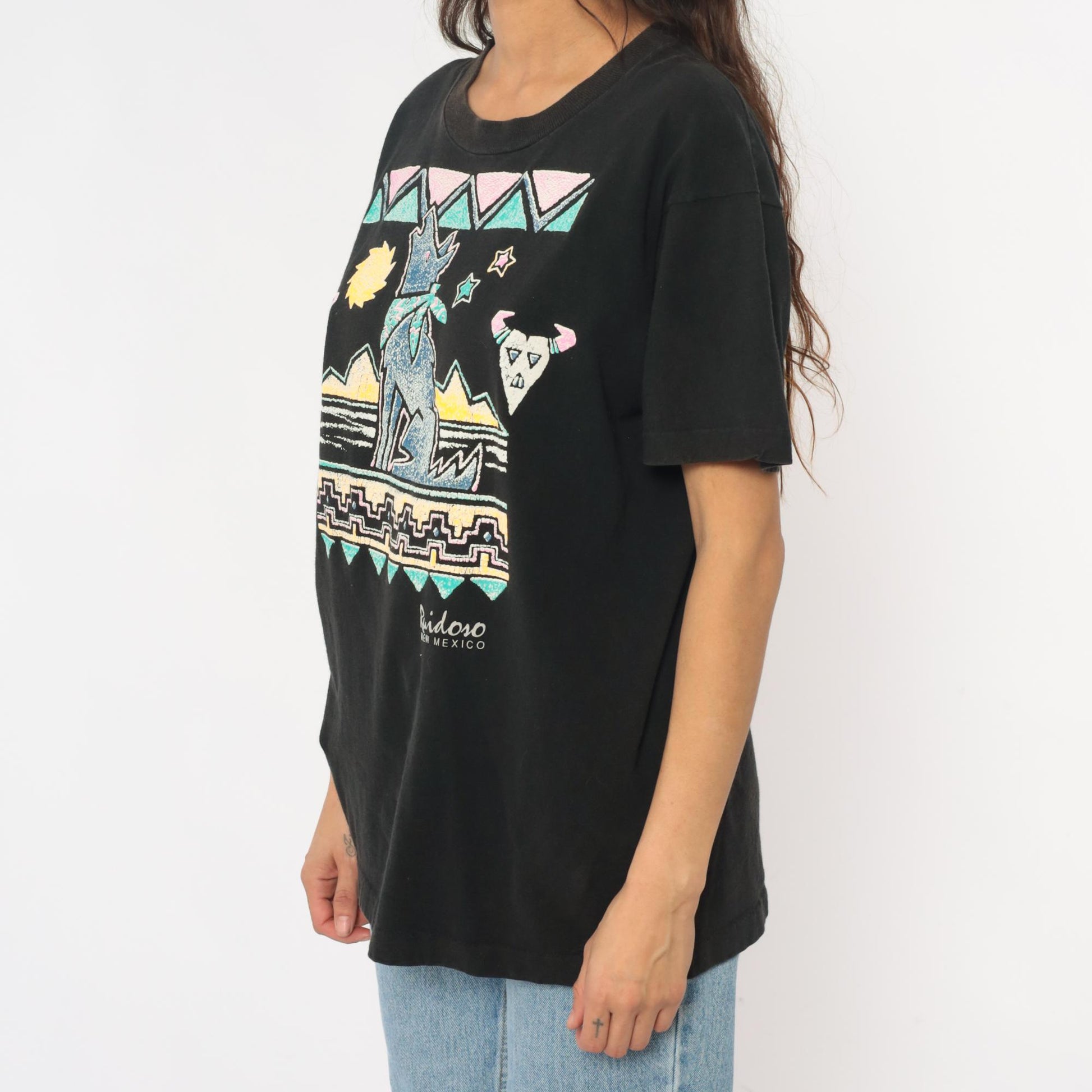 90s Ruidoso New Mexico Southwestern Coyote Graphic Tee Black Cotton Large L