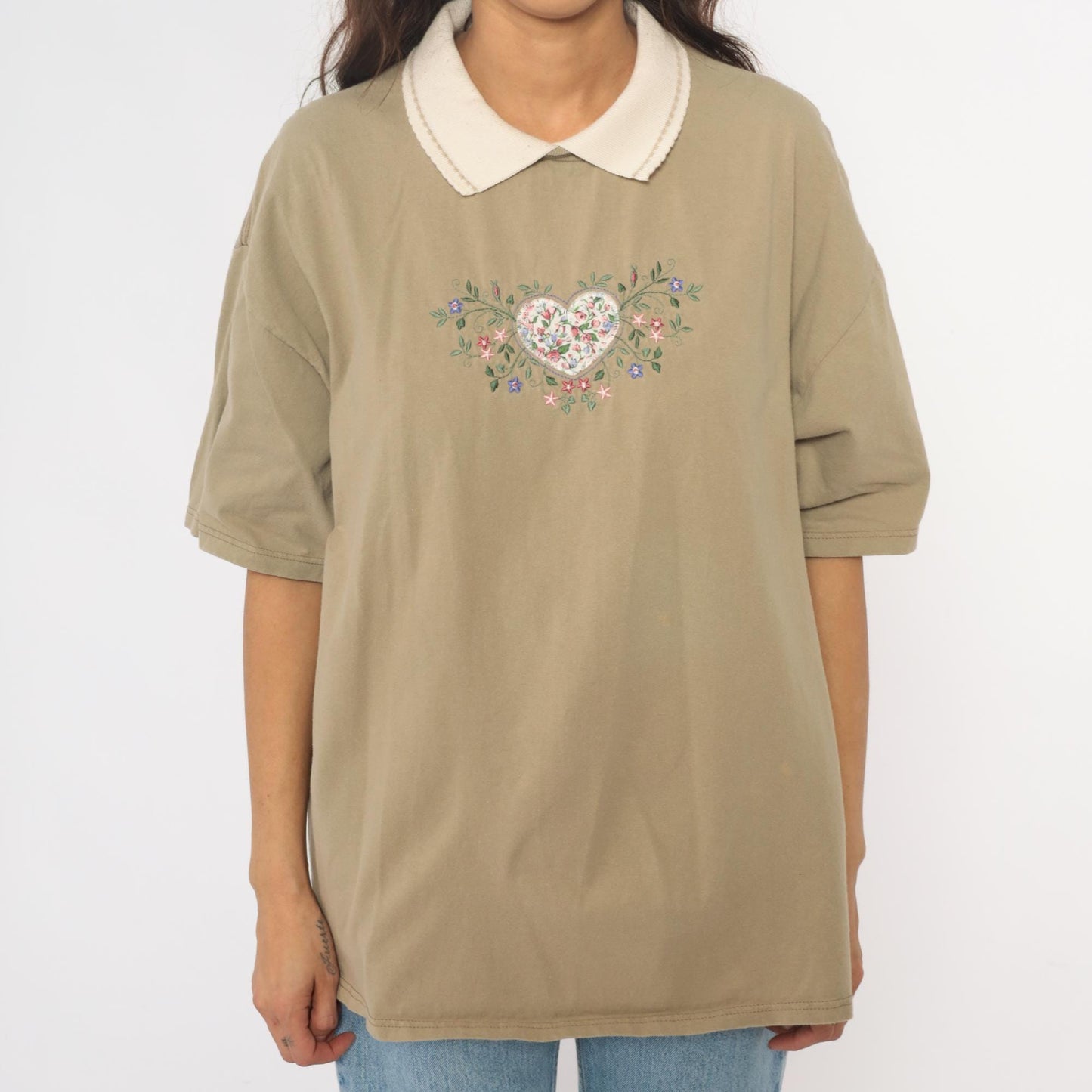 90s Embroidered Floral Heart Polo Shirt Tan Cotton Peter Pan Collar Extra Large