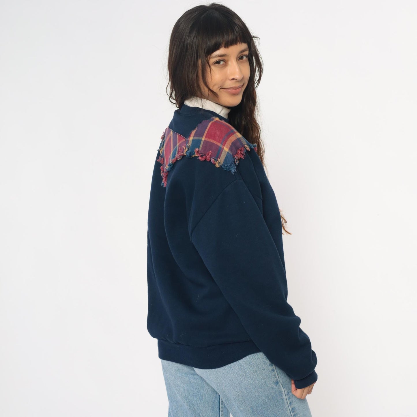 90s Jerzees Navy Plaid Yoke Sweatshirt Burgundy Teal Frayed Crewneck Extra Large XXL